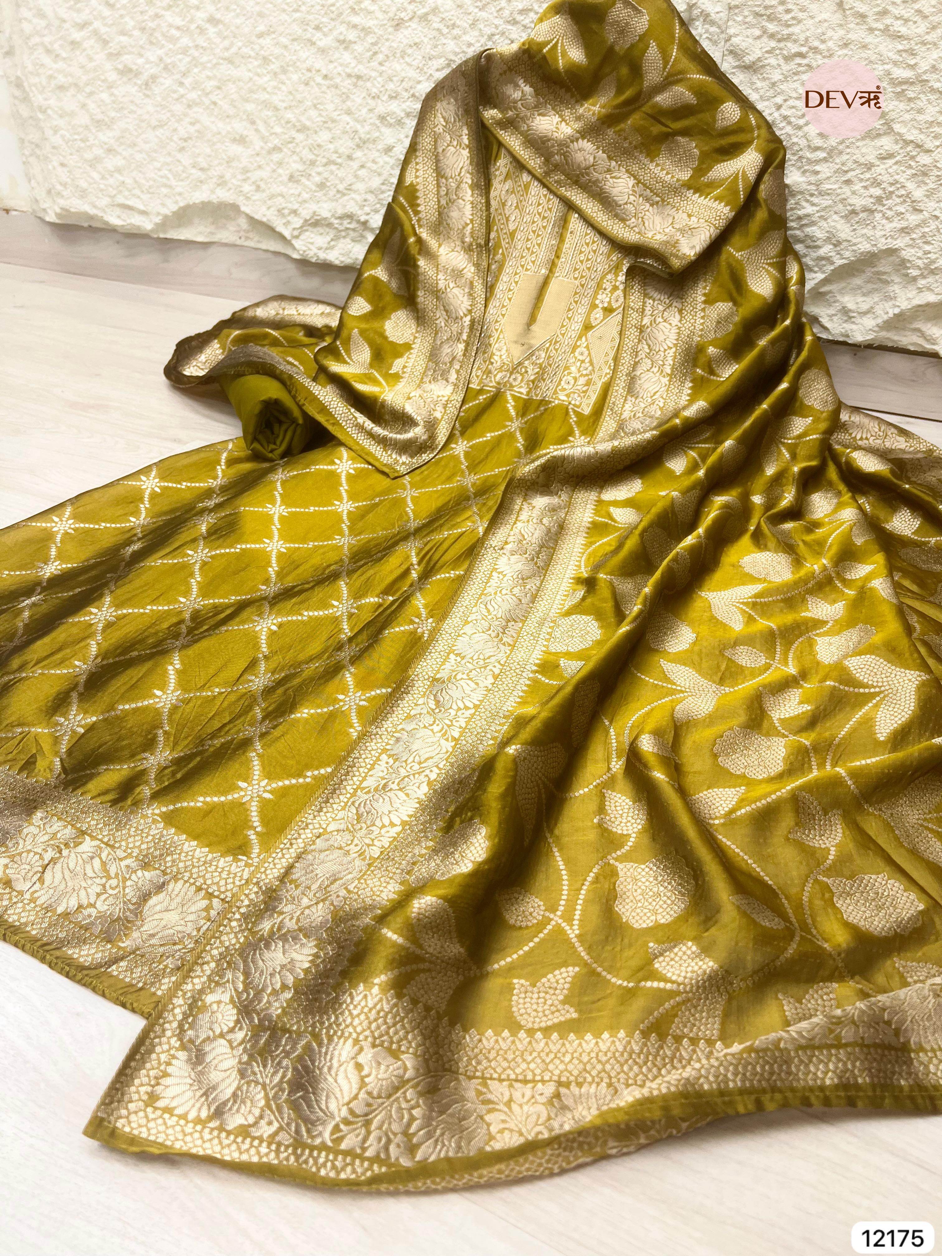 Yellow Pure Banarasi Silk Unstitched Hand Embroidered-Set of 3 - {12175}