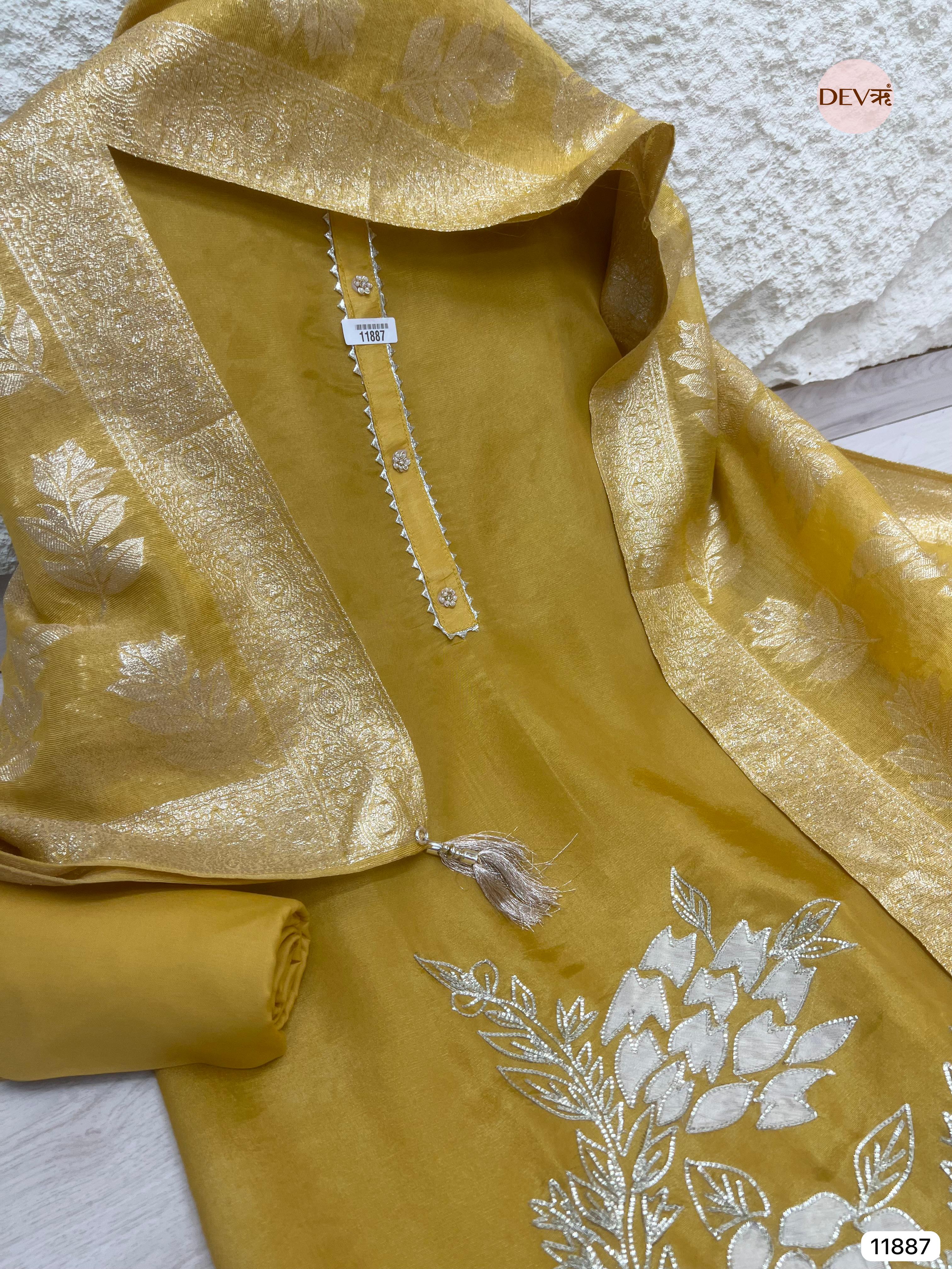 Yellow Tissue Silk Shimmer Silk Unstitched Hand Embroidered -Set Of 3- {11887}