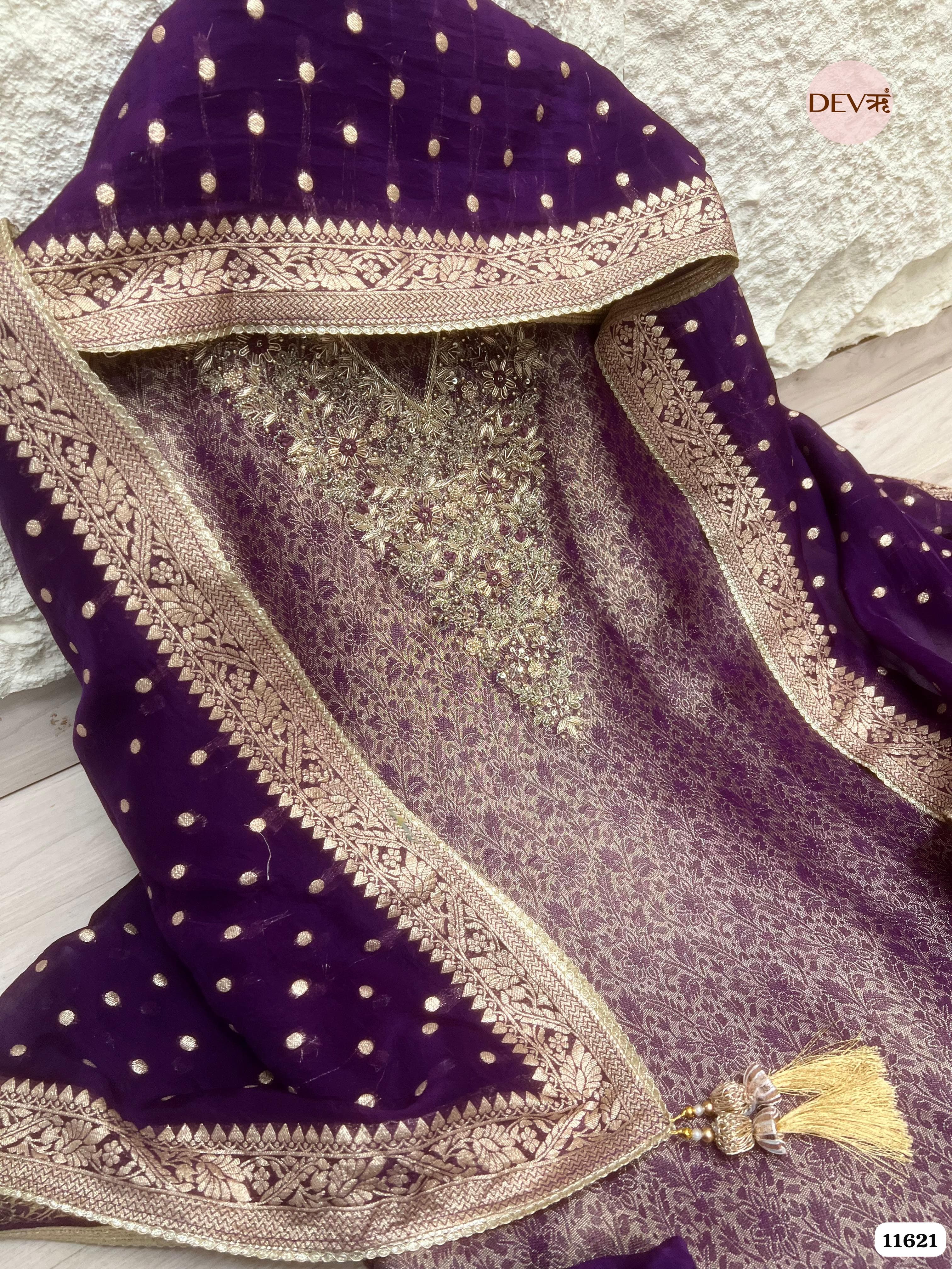 Purple Pure Tissue Banarasi Silk Unstitched Hand Embroidered -Set Of 3 {11621}
