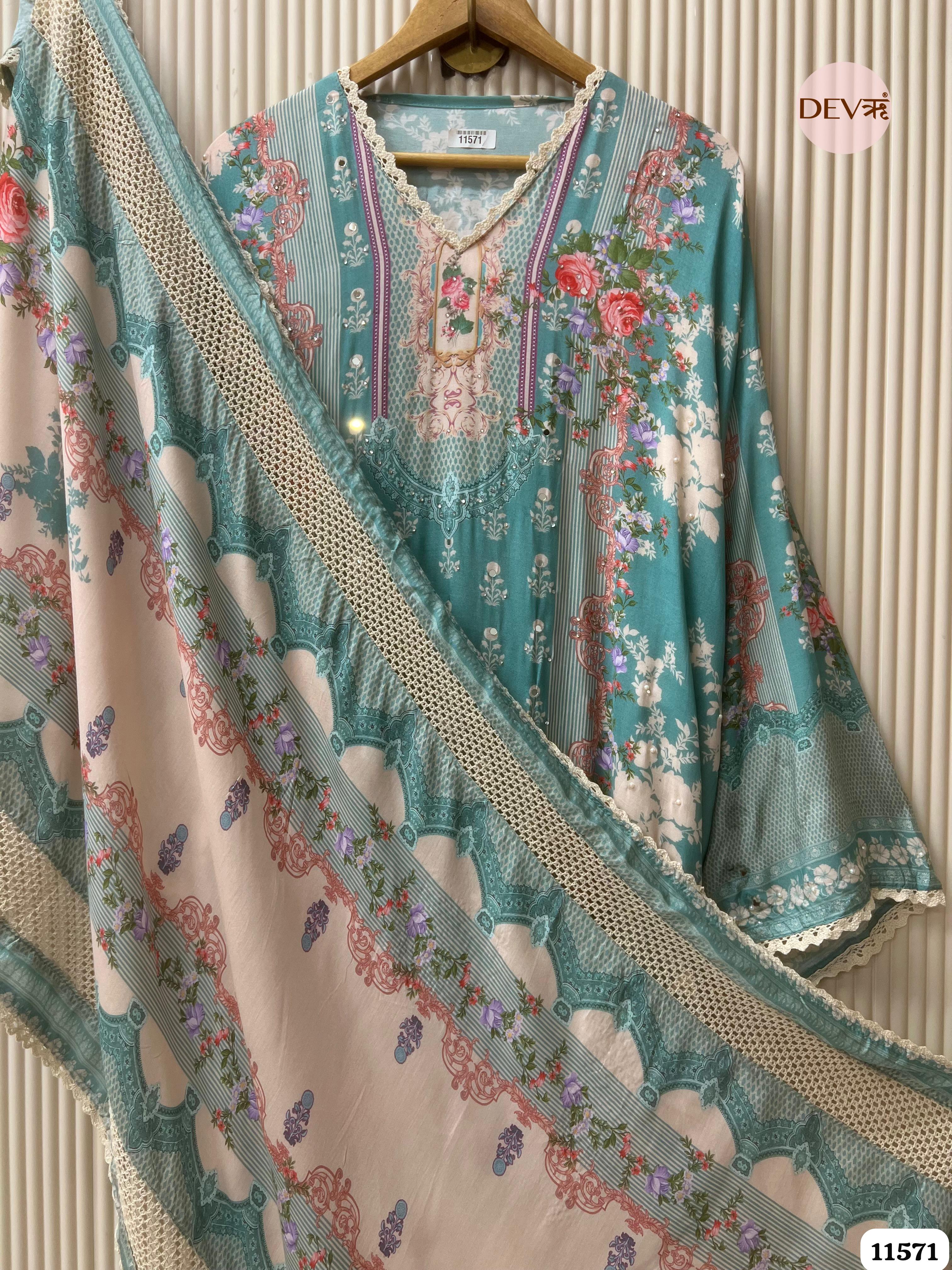Green Muslin Printed Semi Stitched Hand Embroidered -Set Of 3 {11571}