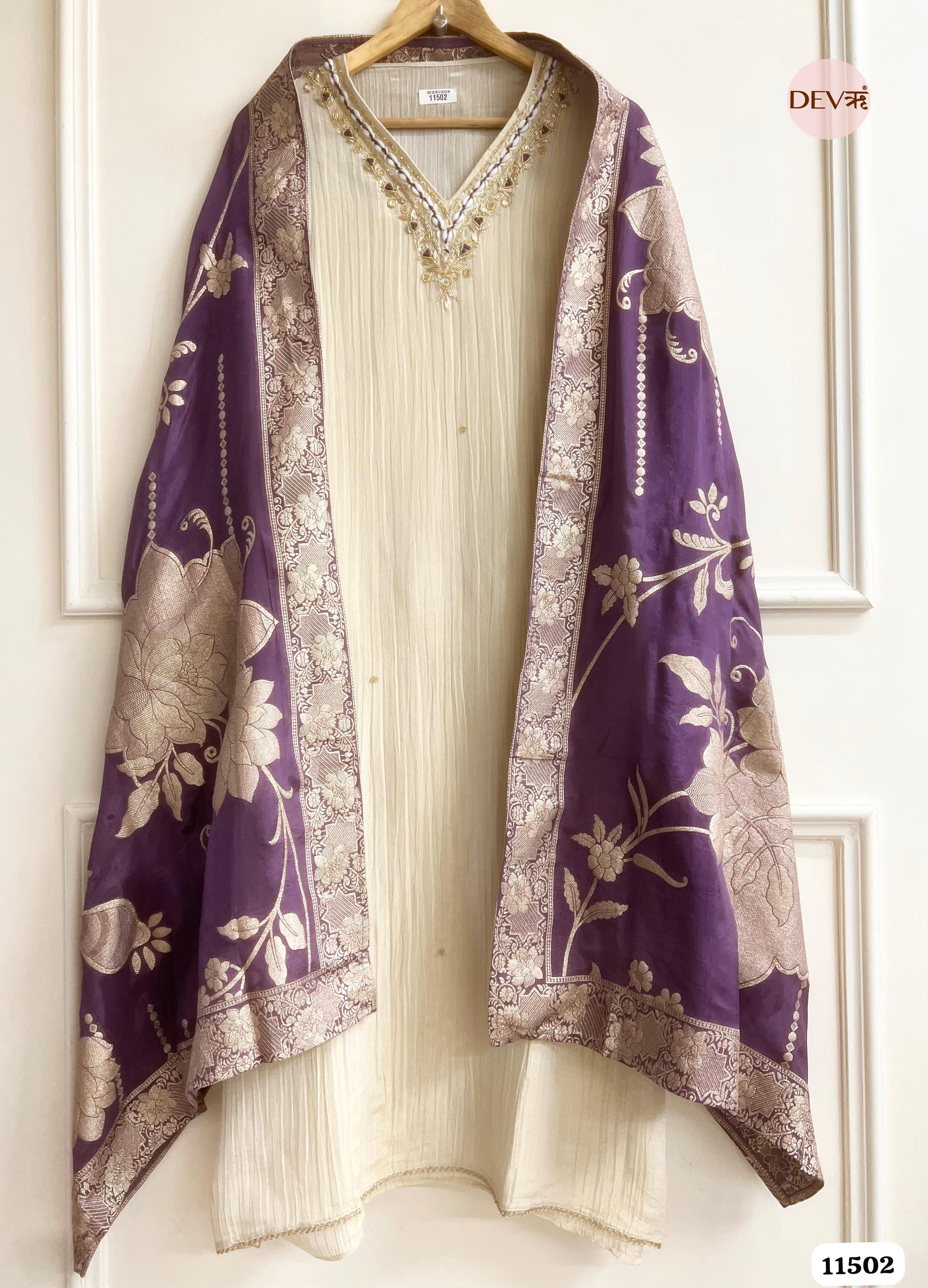 Of White Tissue Crush Silk Unstitched Hand Embroidered -Set Of 3 {11502}