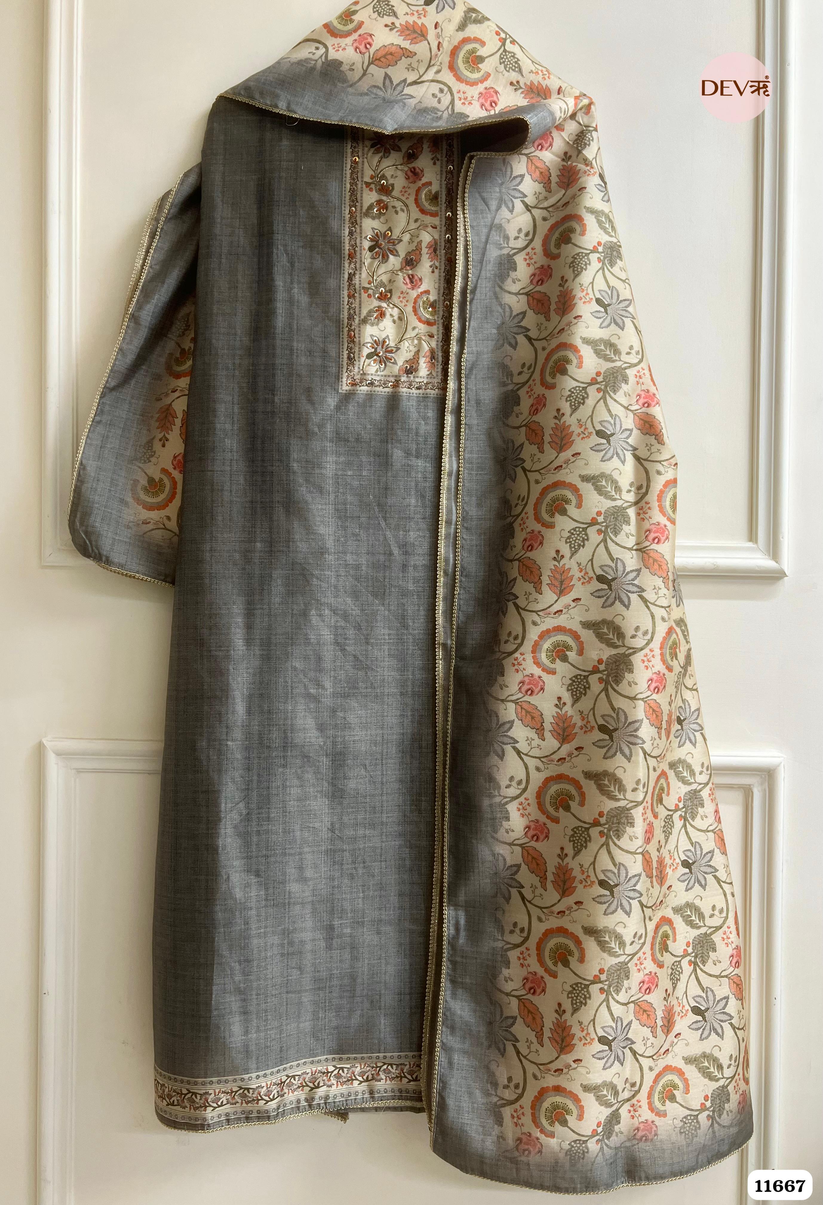 Dark Gray Linen Silk Unstitched Printed Embroidered -Set Of 3