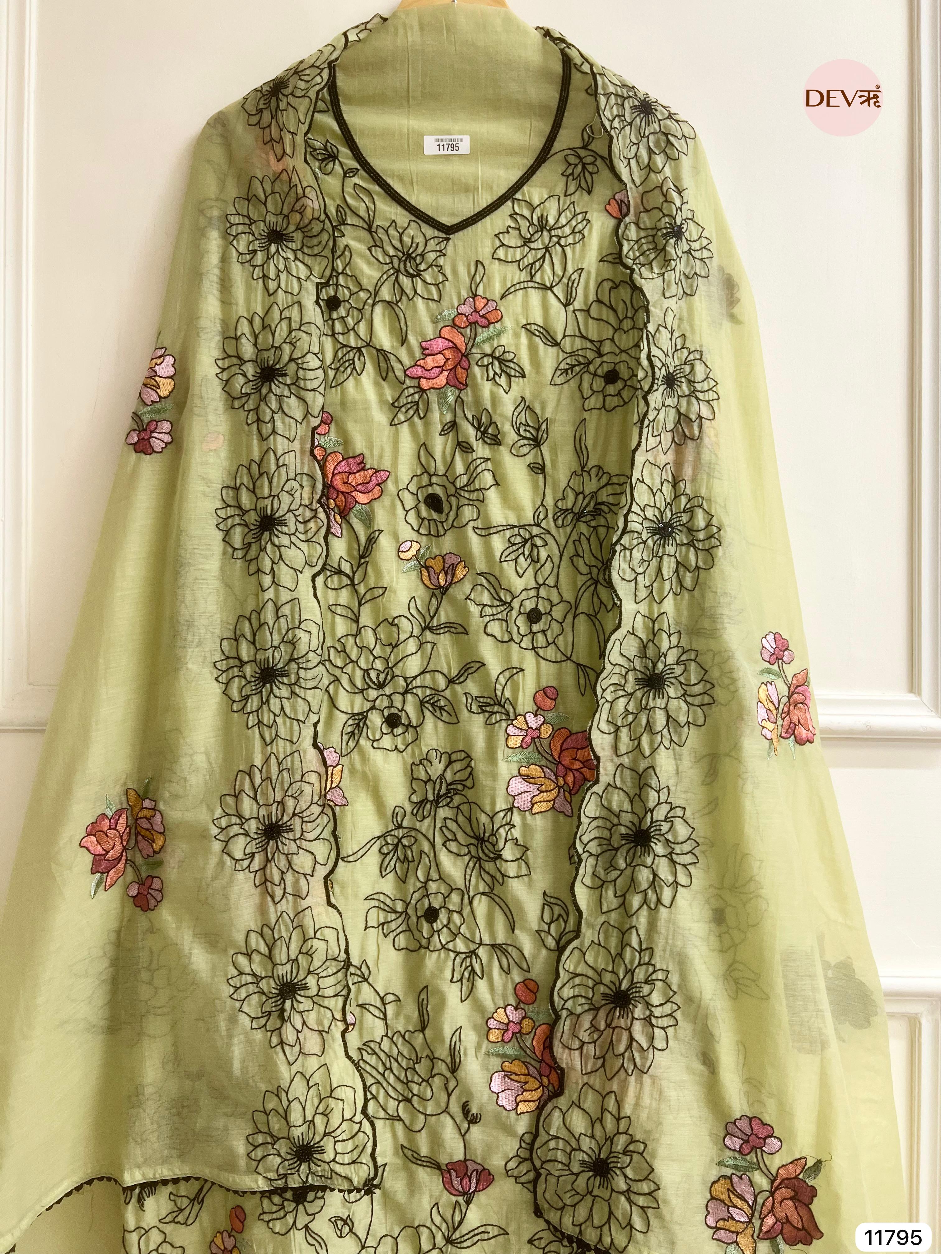 Green Mul Chanderi Embroidered Unstitched - Set of 3 - {11795}