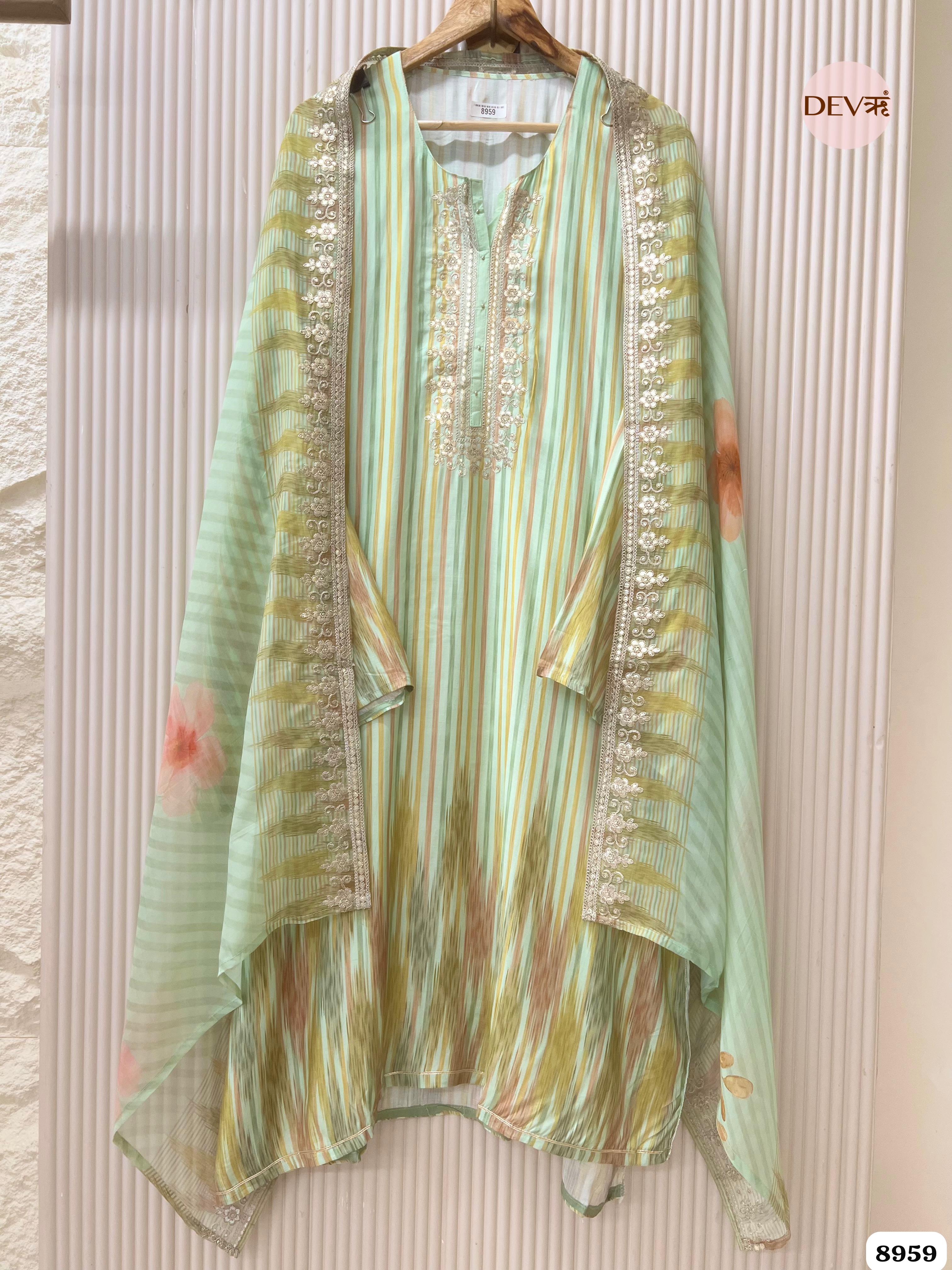 Green Pure Muslin Unstitched Printed Hand Embroidered -Set Of 3 - {8959}