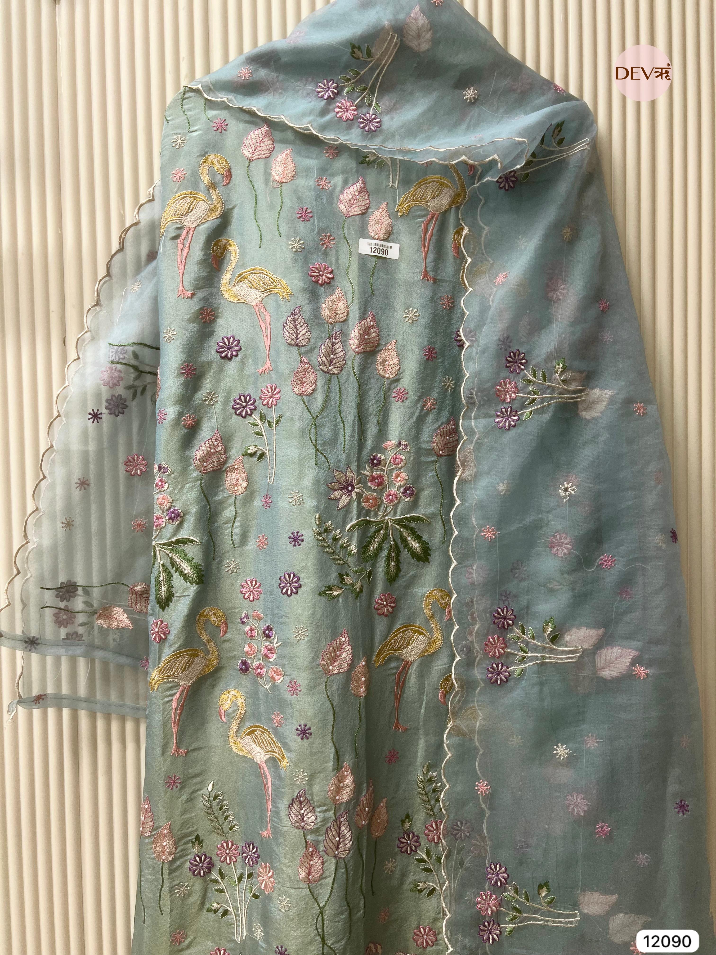 Blue Shimmer Tissue Silk Unstitched Embroidered -Set Of 3 - {12090}