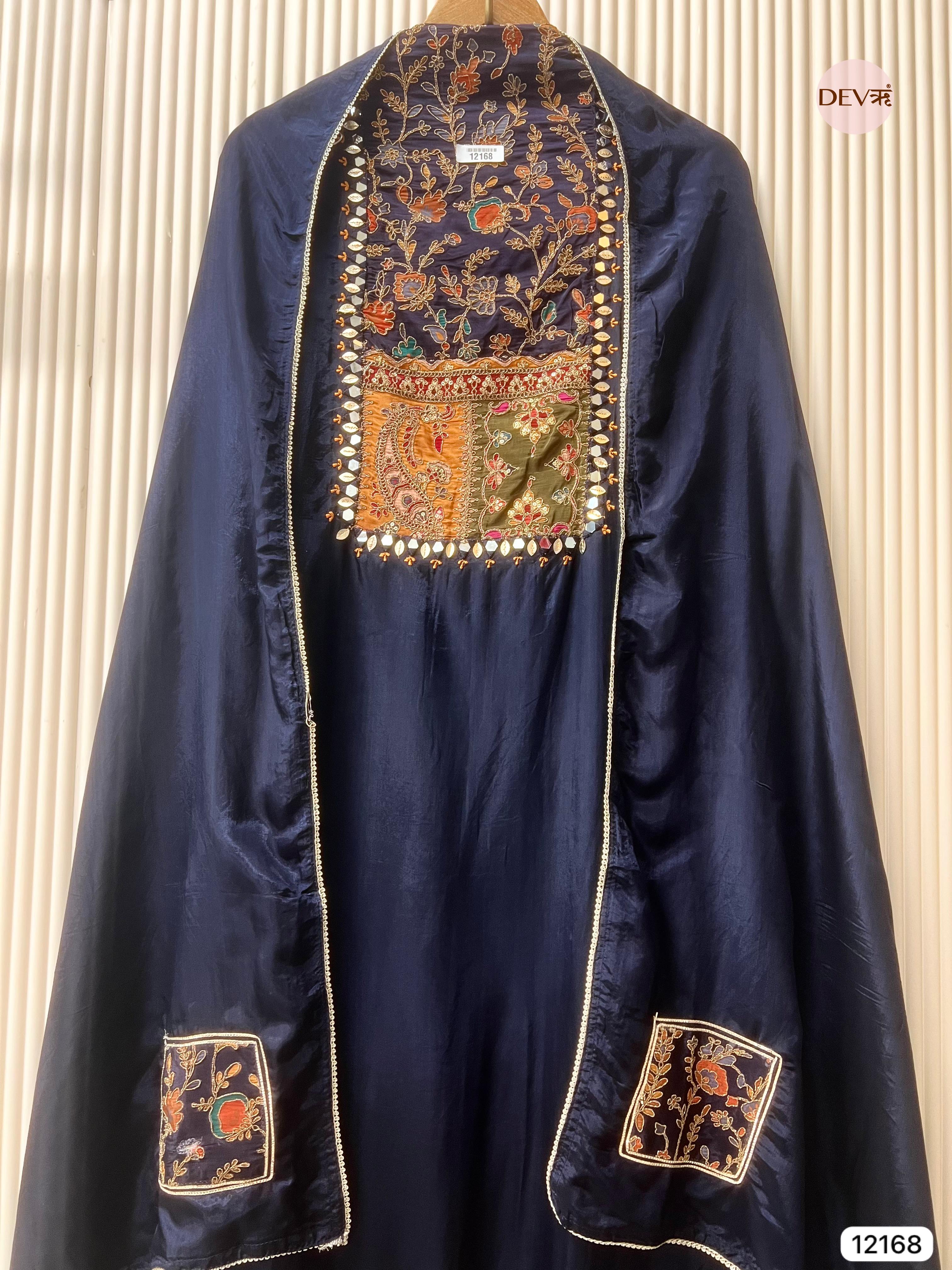 Dark Blue Silk Unstitched Shirt with Hand Embroidered -Set Of 3 - {12168}