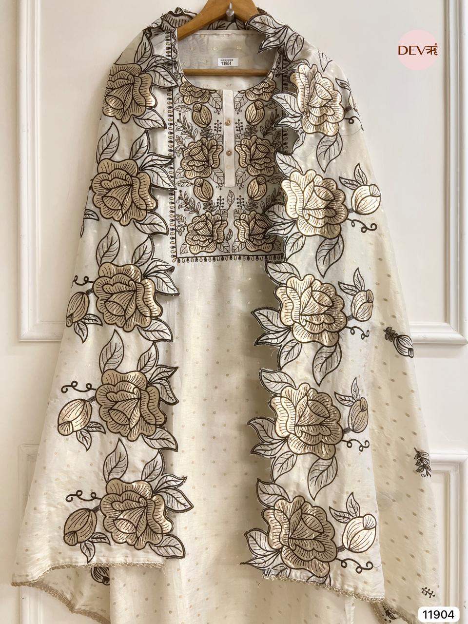 Off White Pure Tissue Shimmer Unstitched Embroidered -Set Of 3- {11904}