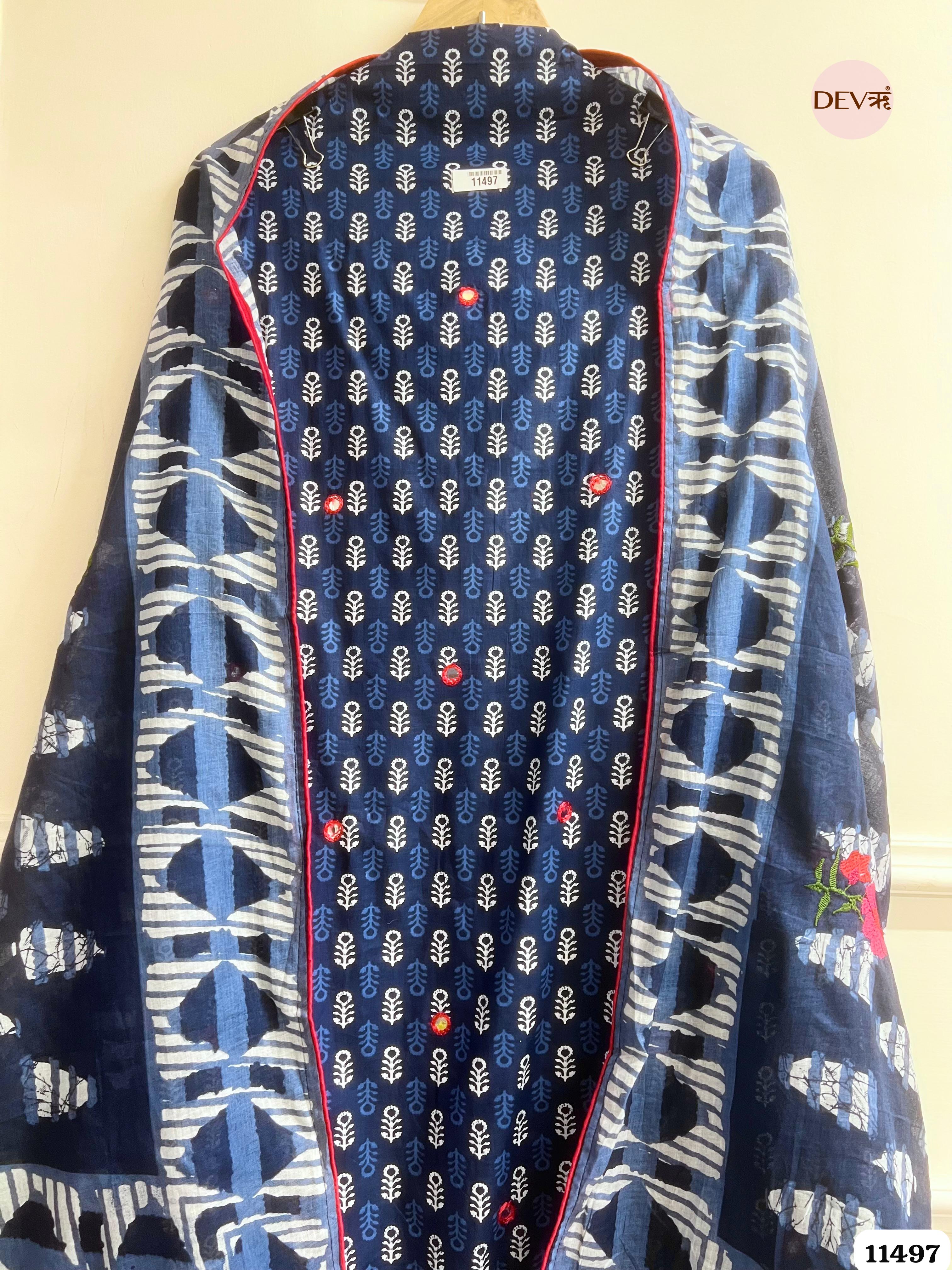 Dark Blue or Navy Blue Mul Cotton Unstitched Hand Embroidered -Set Of 3 {11497}