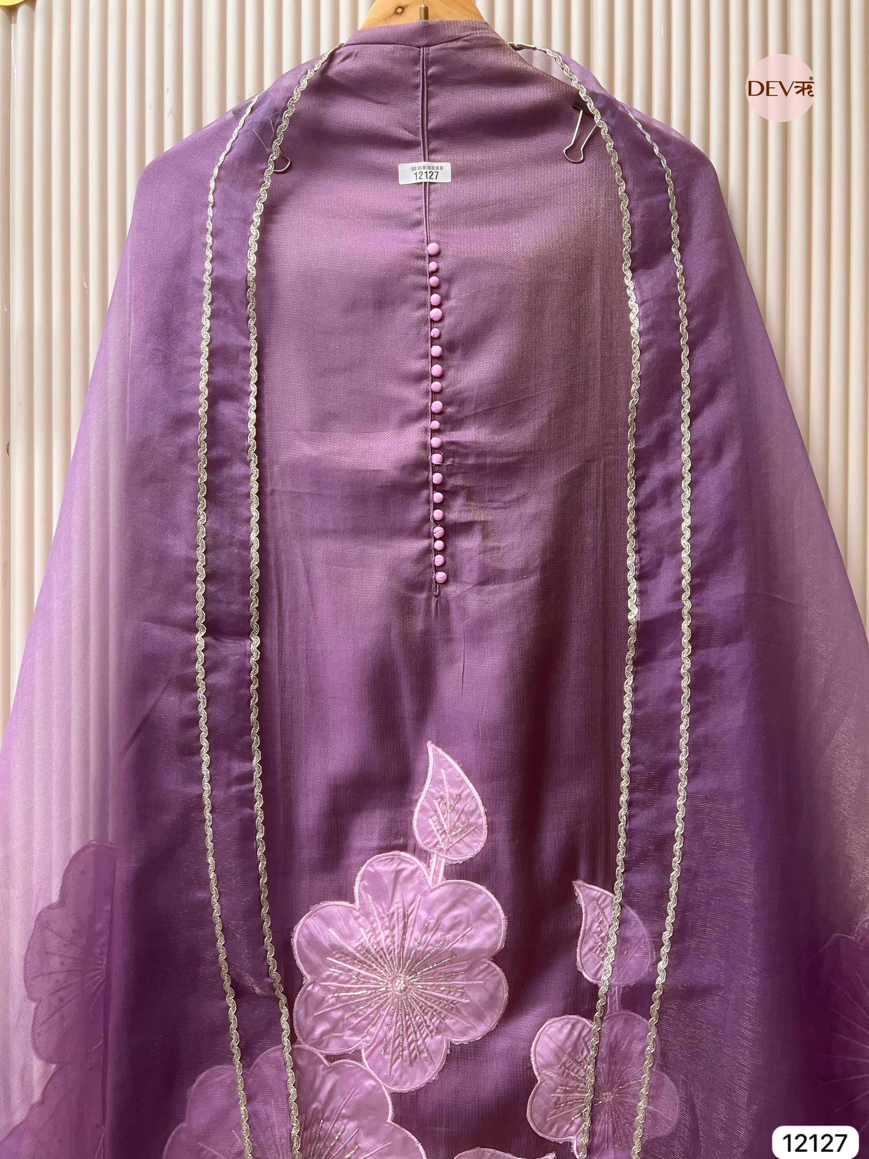 Purple Shimmer Silk Unstitched Applique Embroidered -Set Of 3 - {12127}