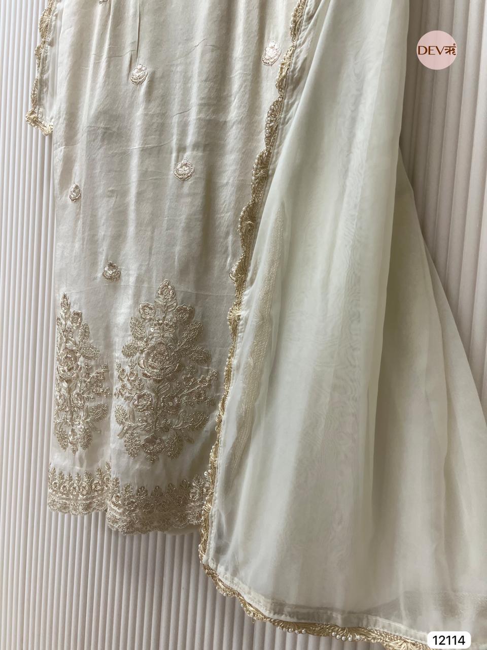 Ivory Tissue Shimmer Silk Embroidered Unstitched 3-Piece Suit (Devri – D.No 12114).