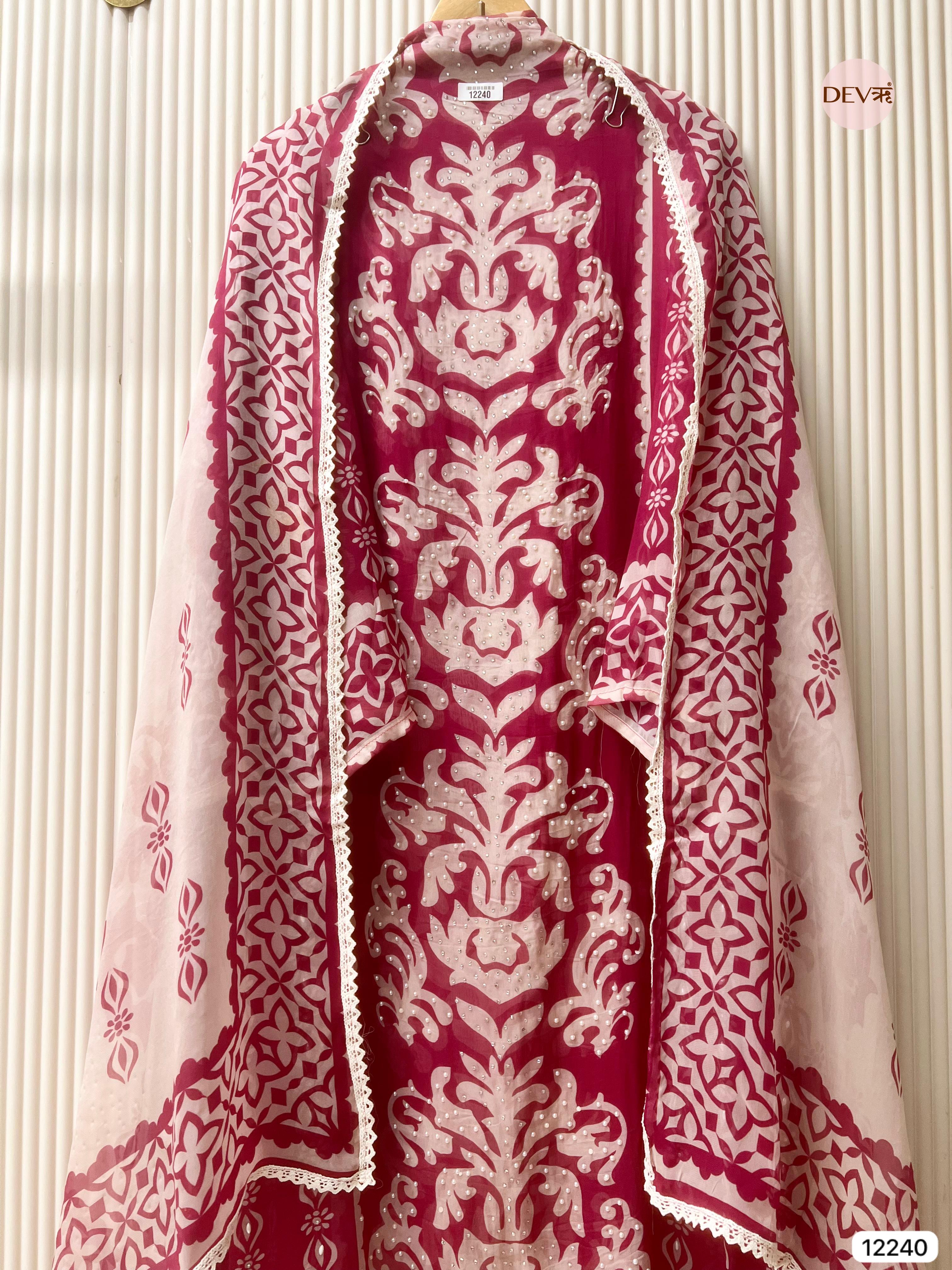 Magenta Pink Organza Embroidered Unstitched 3-Piece Suit (Devri – D.No 12240)