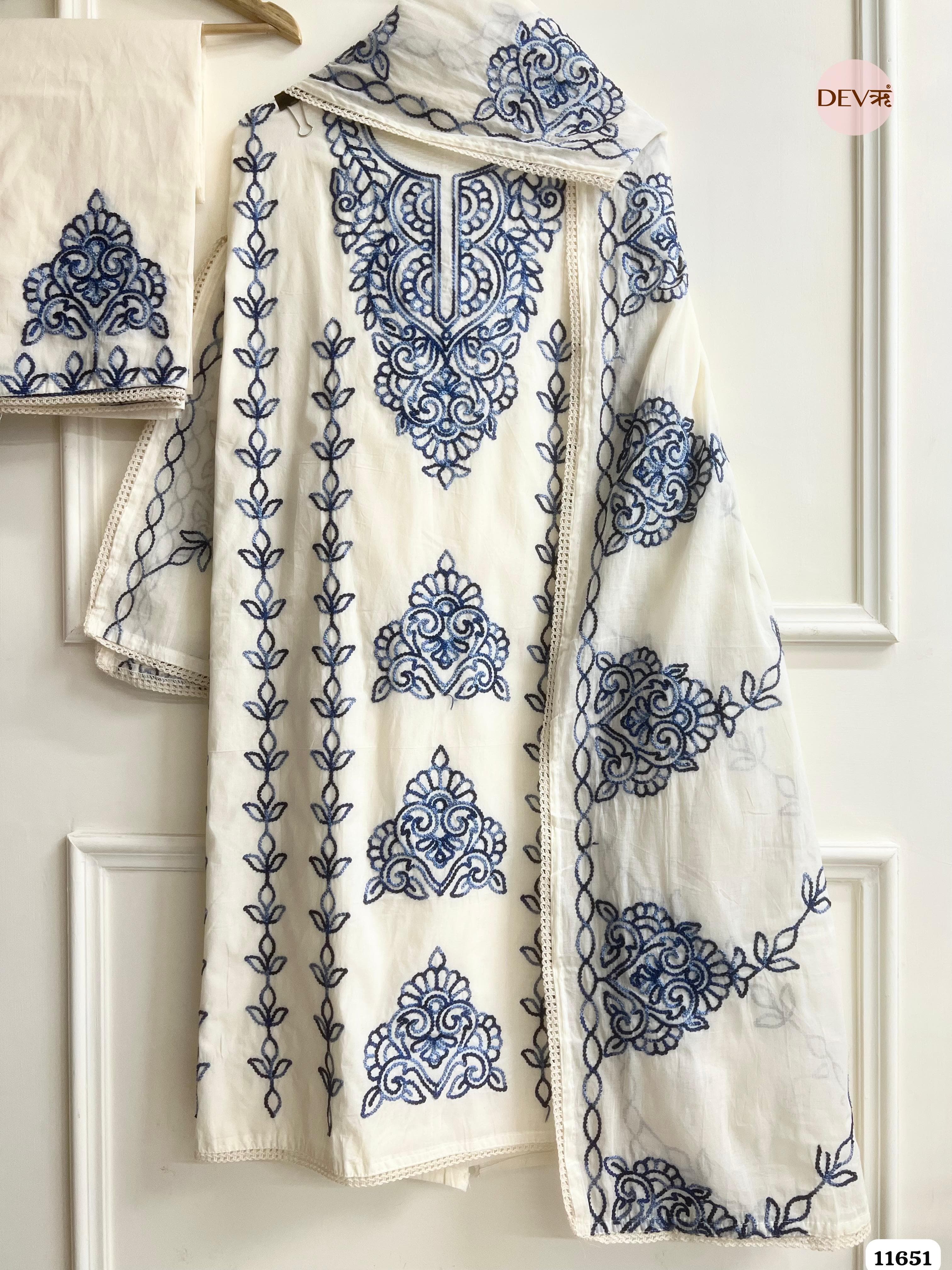 White Kota Cotton Unstitched Embroidered -Set Of 3 {11651}