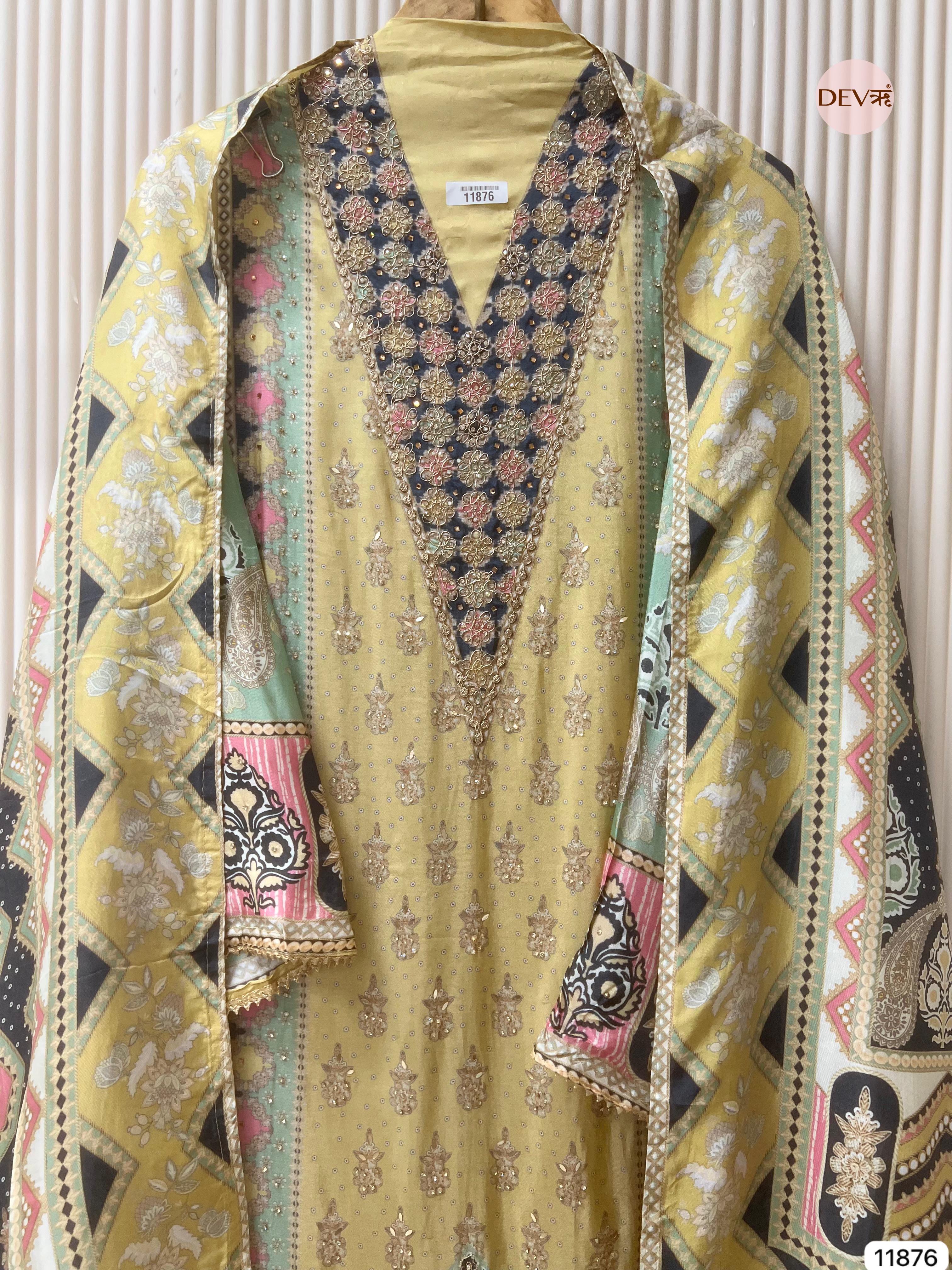 Yellow Glass Silk Semi Stitched Pakistani Printed Hand Embroidered -Set Of 3- {11876}