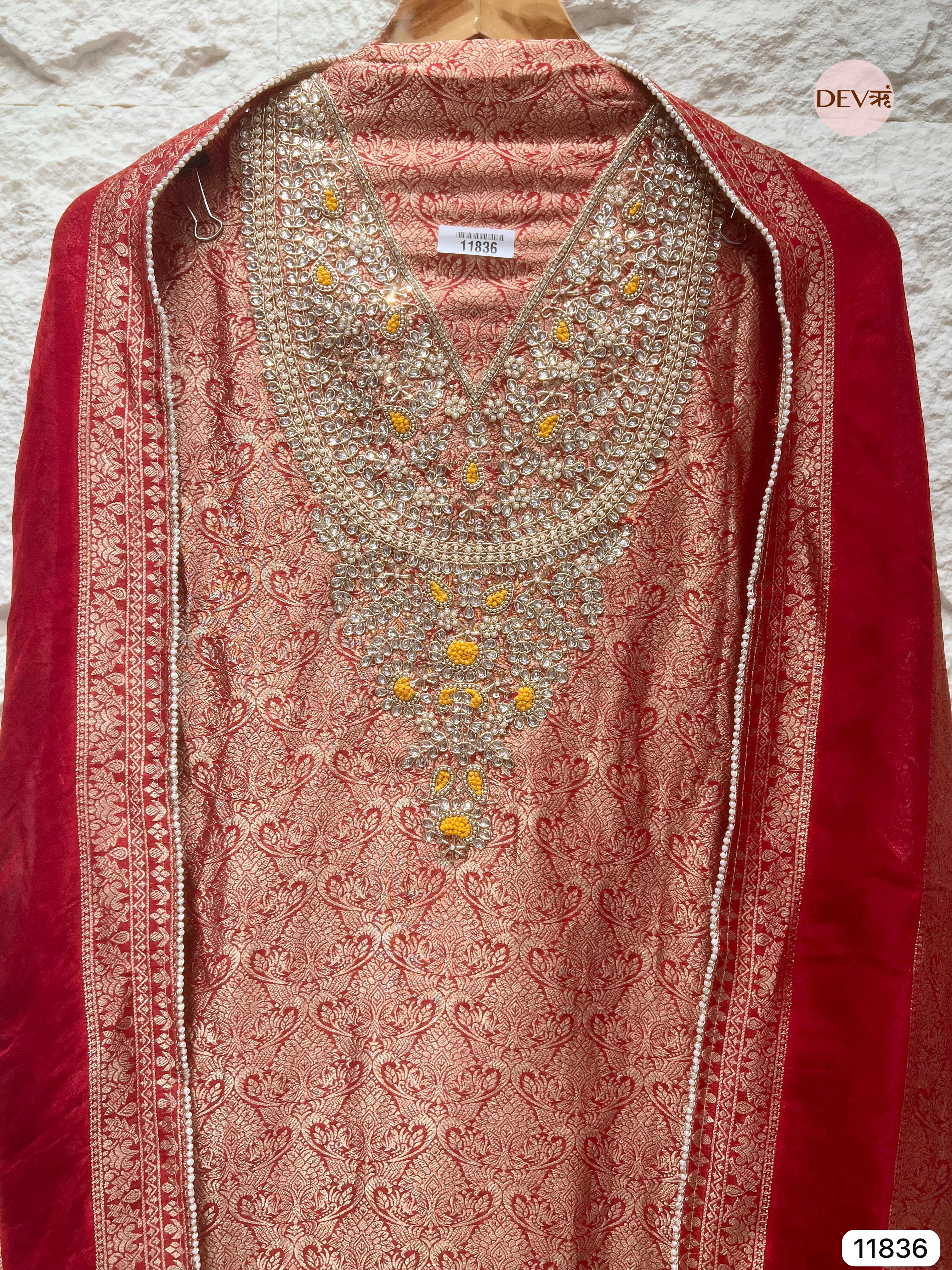 Red Pure Dola Silk Unstitched Banarasi Weave Hand Embroidered -Set Of 3- {11836}