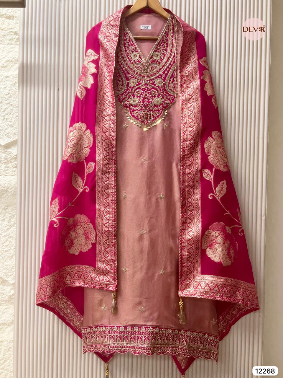 Rose–Rani Tissue Shimmer Silk Embroidered Unstitched 3-Piece Suit (Devri – D.No 12268)