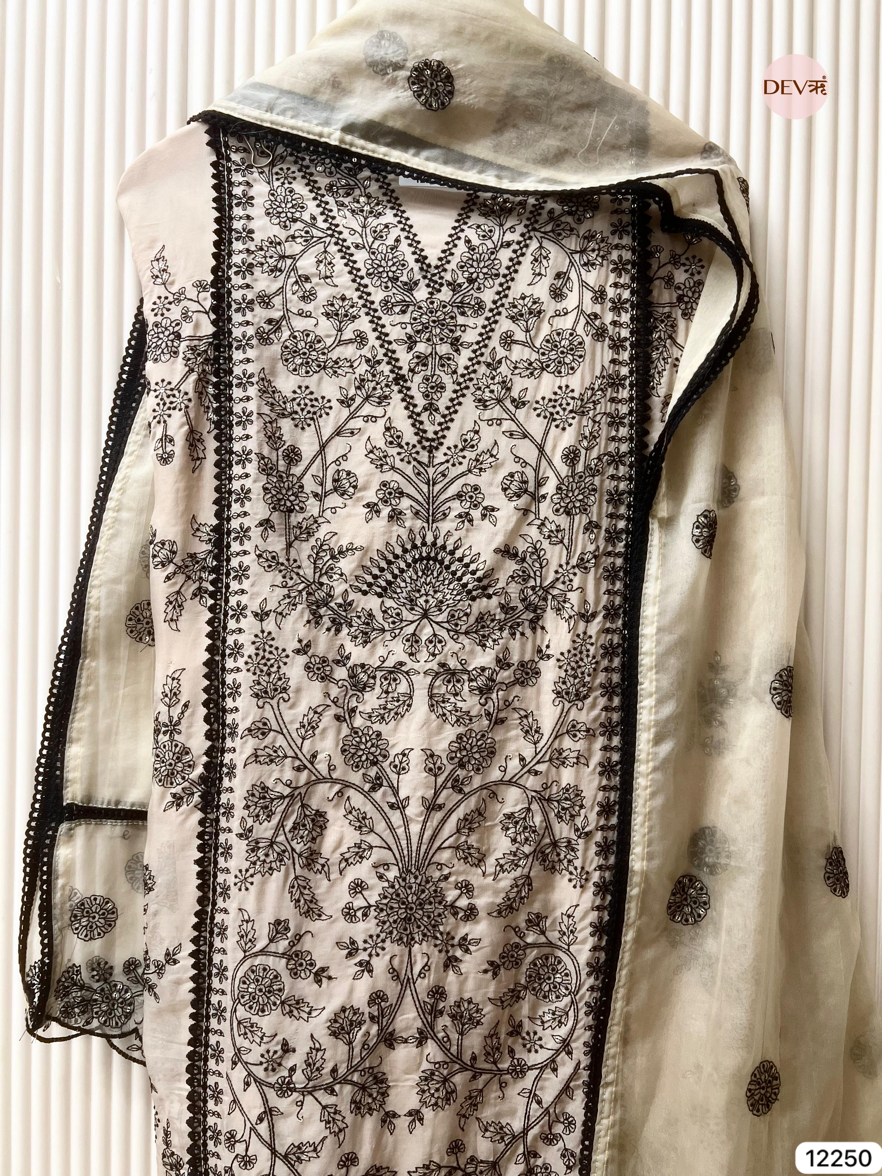Ivory Pure Organza Embroidered Unstitched 3-Piece Suit (Devri – D.No 12250)