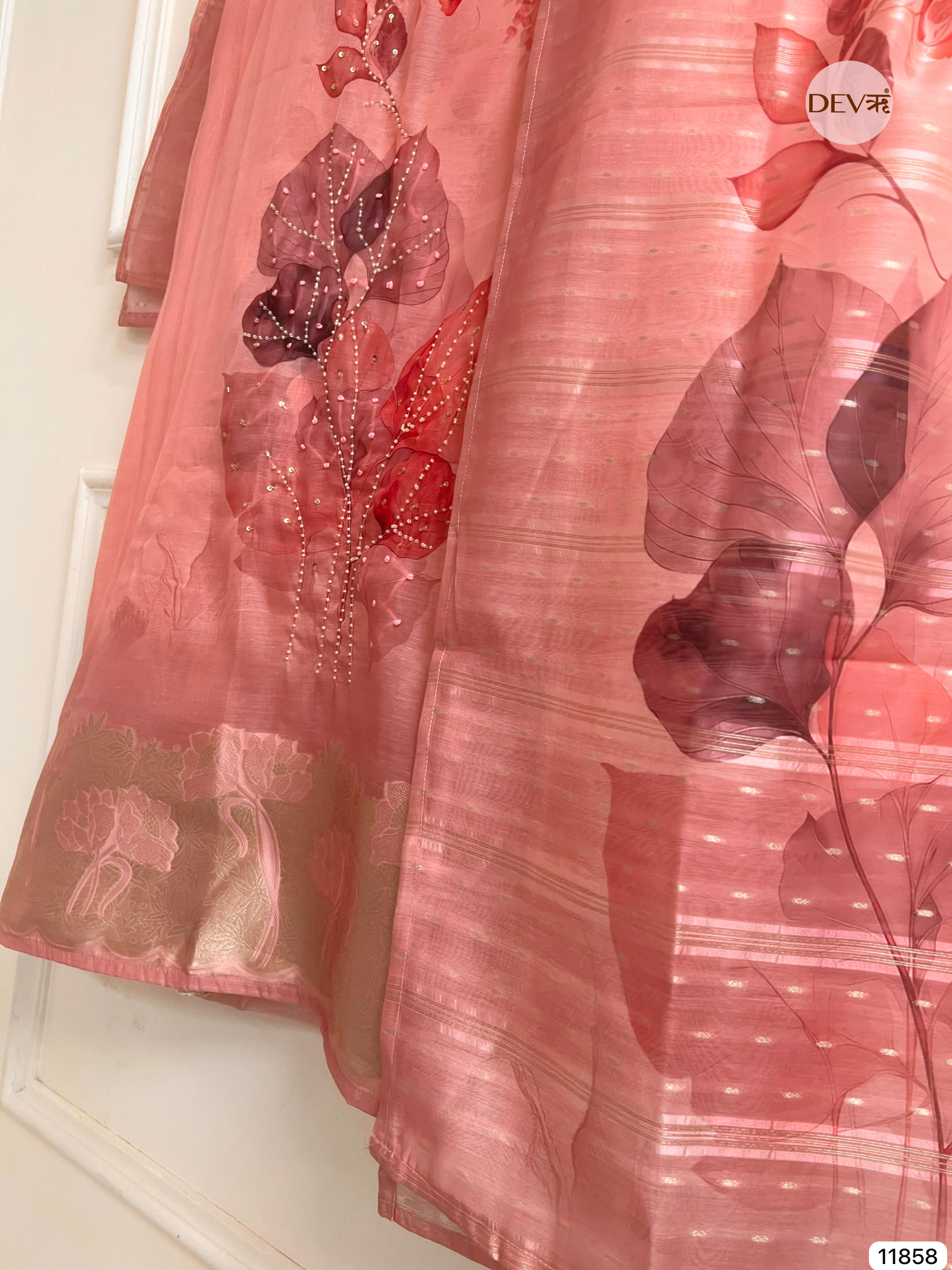 Pink Jamdani Silk Unstitched Printed Woven Hand Embroidered -Set Of 3- {11858}