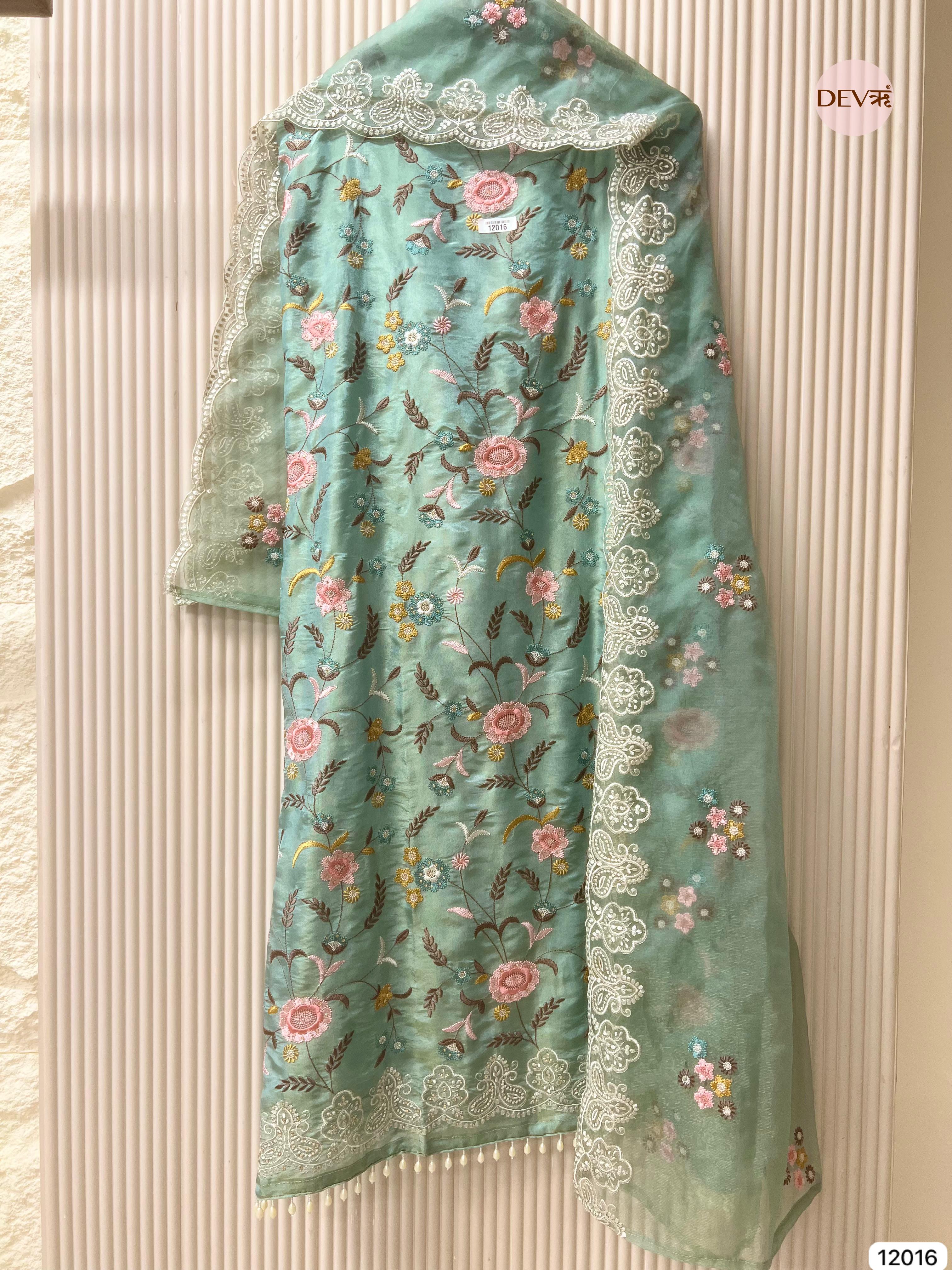 Blue Shimmer Tissue Silk Unstitched Embroidered -Set Of 3 - {12016}