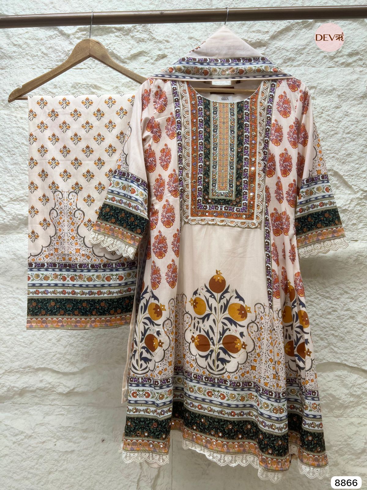{8866} Beige Pure Mul Cotton Stitched Printed Embroidered -Set Of 3