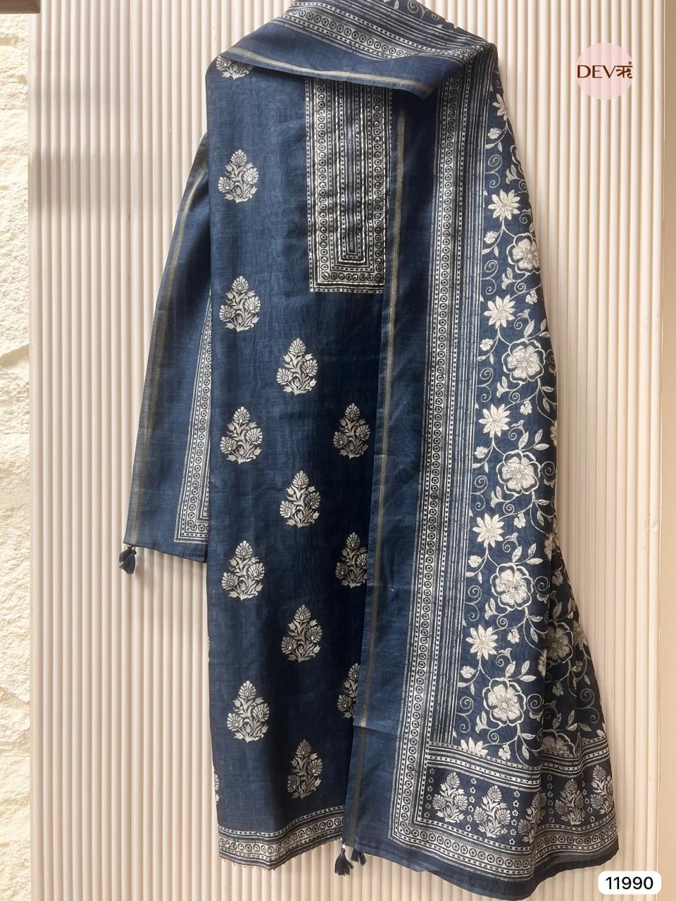 Navy Mul Chanderi Printed Unstitched 3-Piece Suit (Devri – D.No 11990)