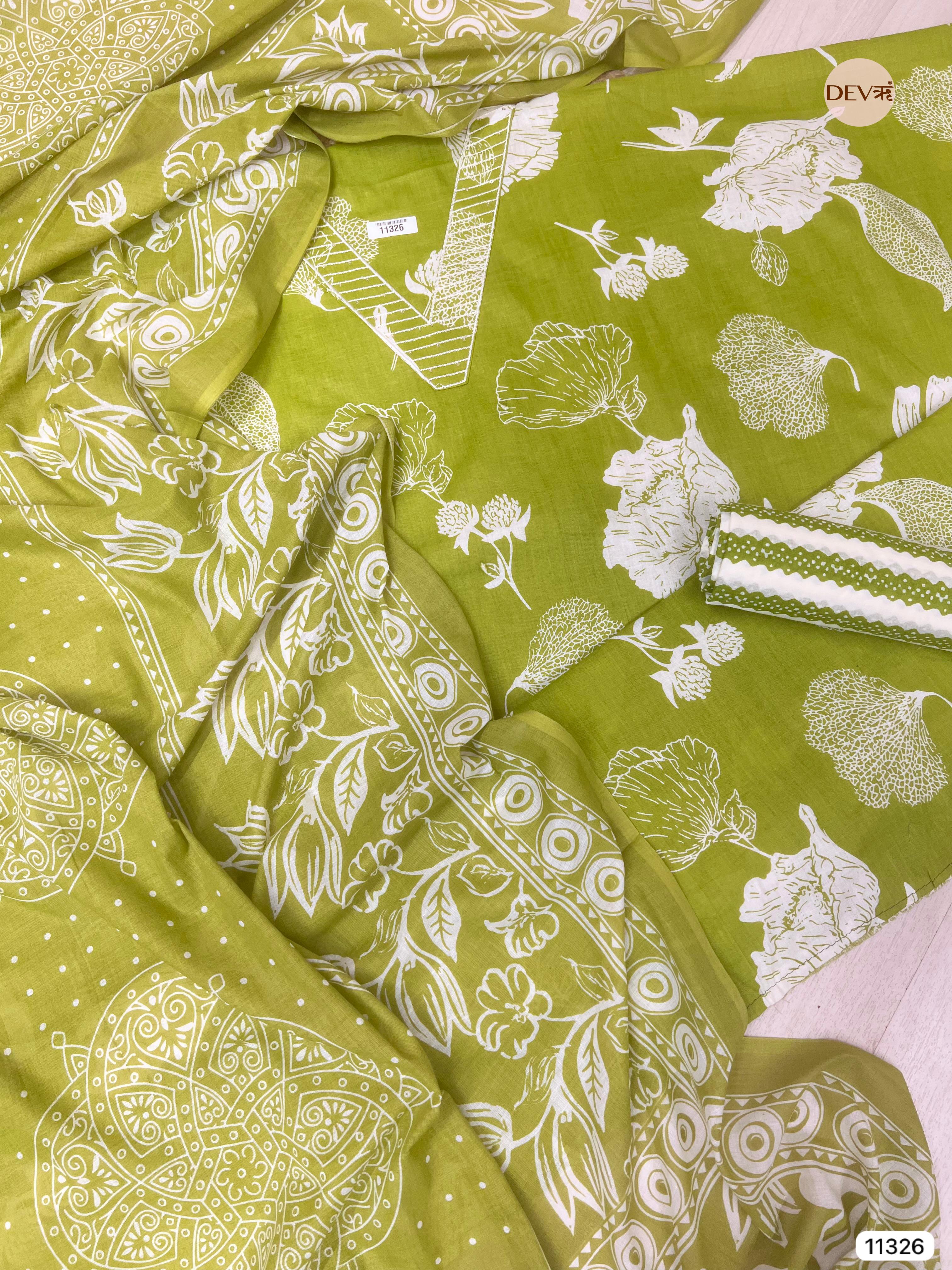 Green Cotton Printed Unstitched -Set Of 3