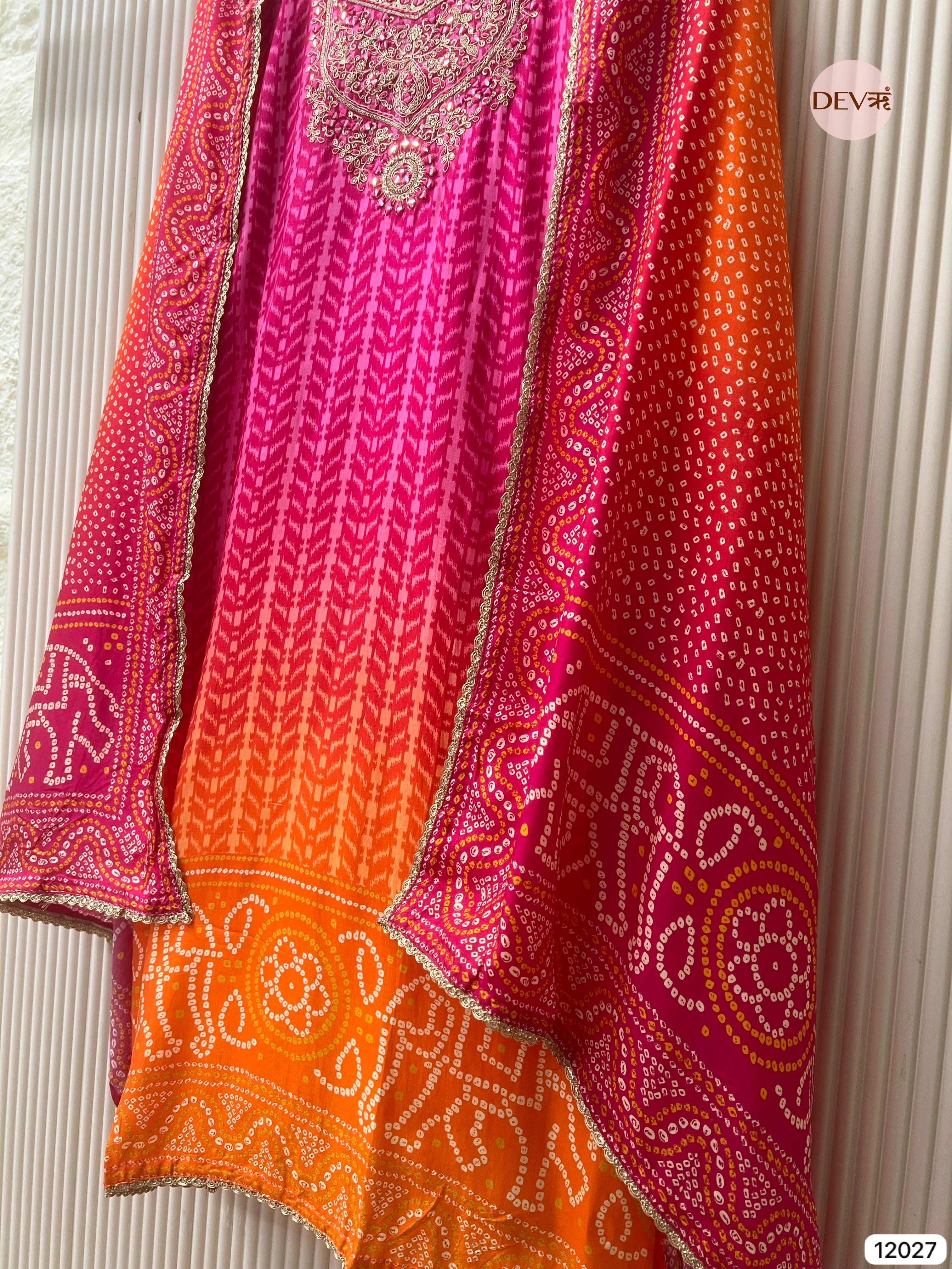 Pink Russian Silk Unstitched Printed Hand Embroidered -Set Of 3 - {12027}