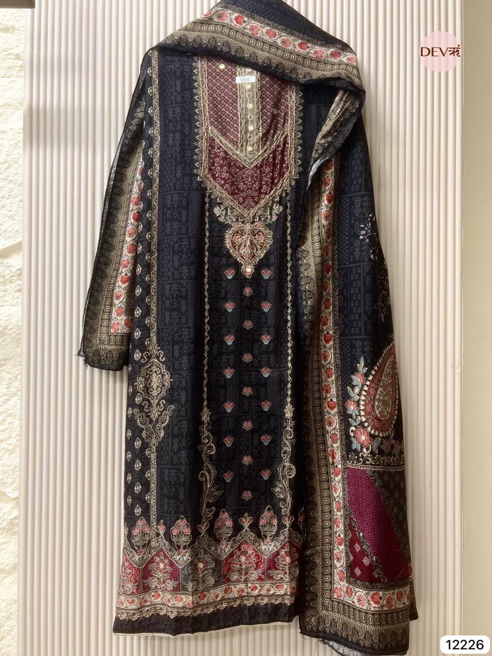 Black Pure Muslin Printed Unstitched 3-Piece Suit (Devri – D.No 12226)