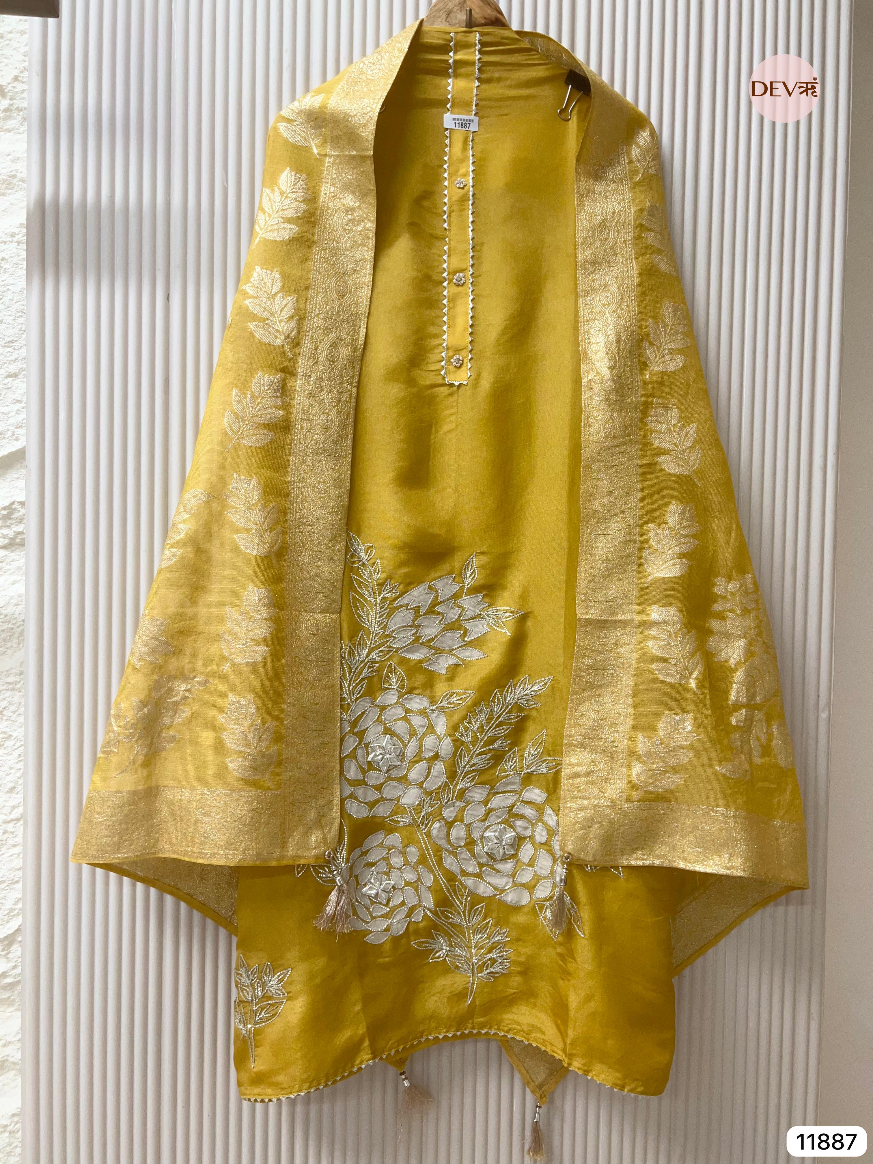 Yellow Tissue Silk Shimmer Silk Unstitched Hand Embroidered -Set Of 3- {11887}