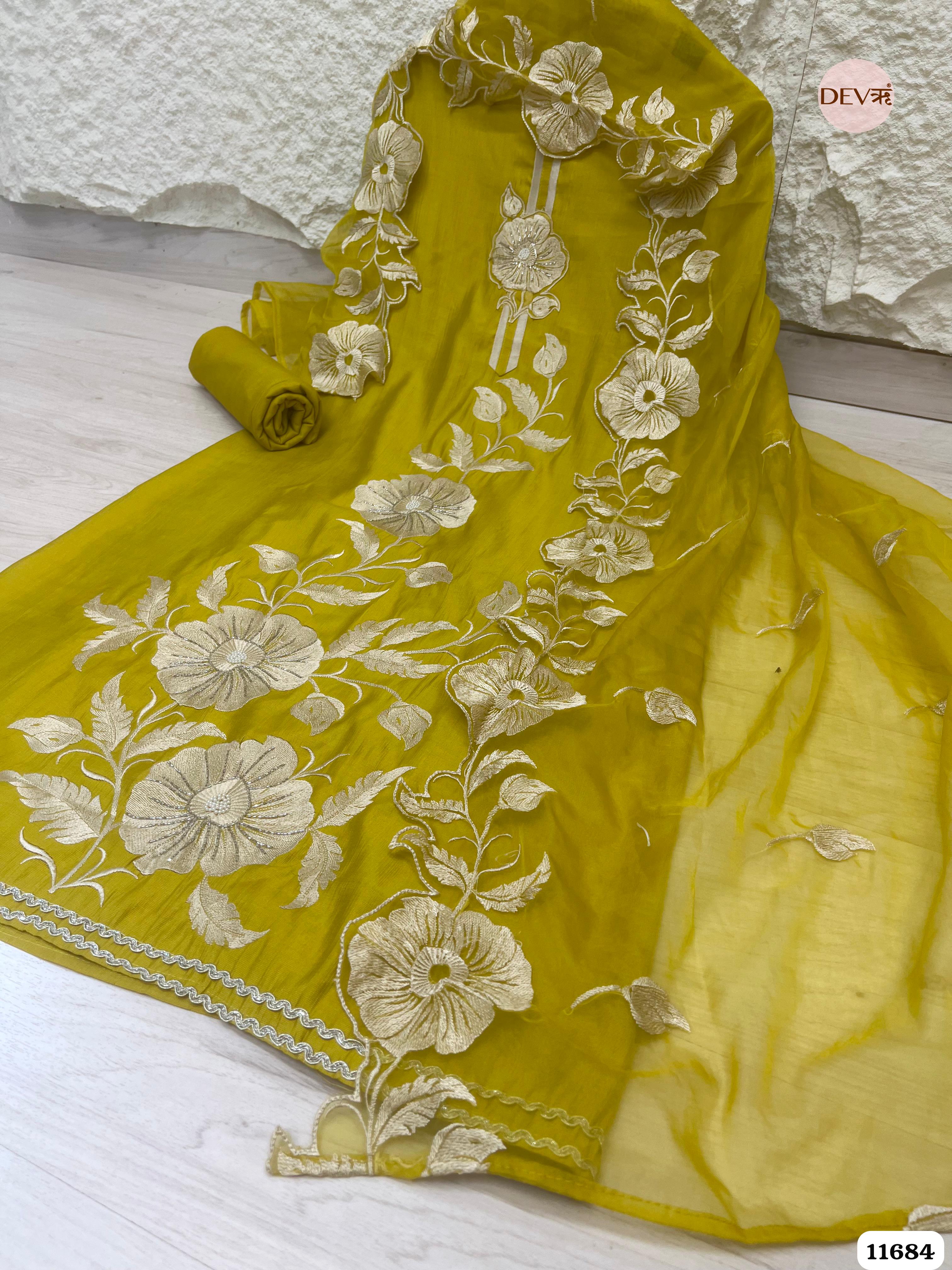 Lime Green Mul Chanderi Unstitched Embroidered -Set Of 3 {11684}
