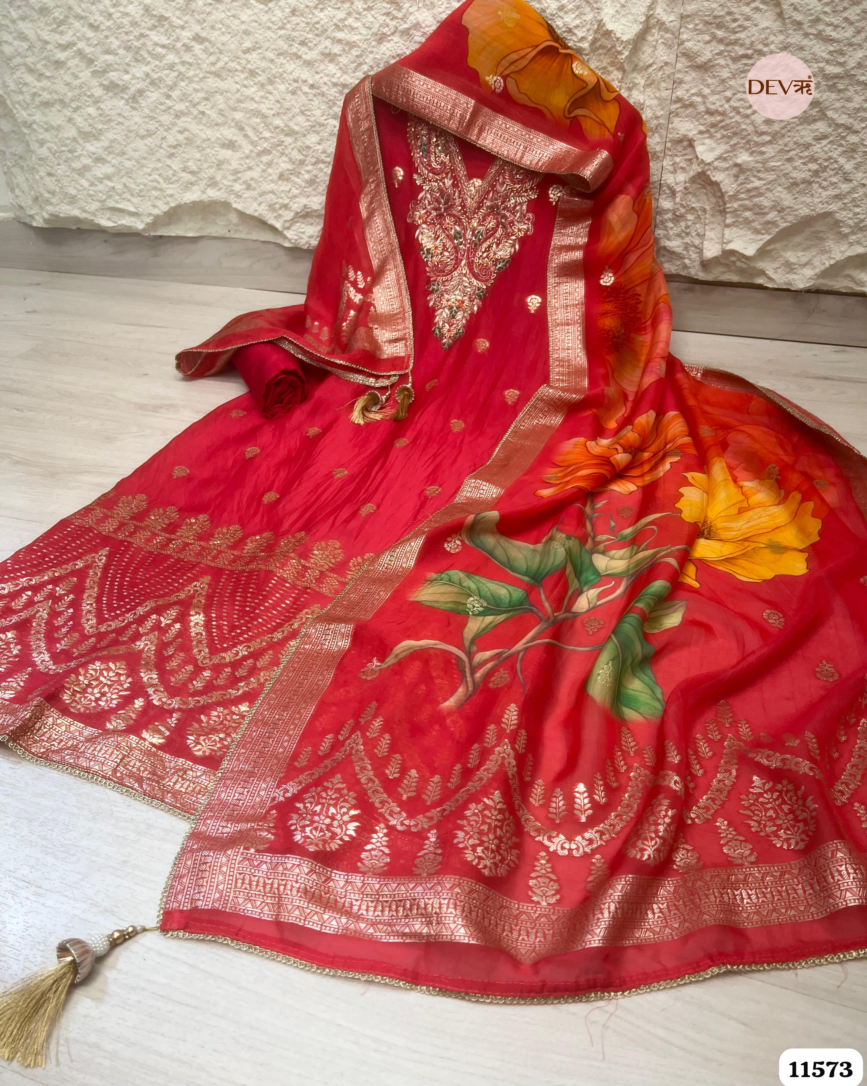Red Pure Organza Silk Unstitched Banarasi Weave Hand Embroidered -Set Of 3 {11573}