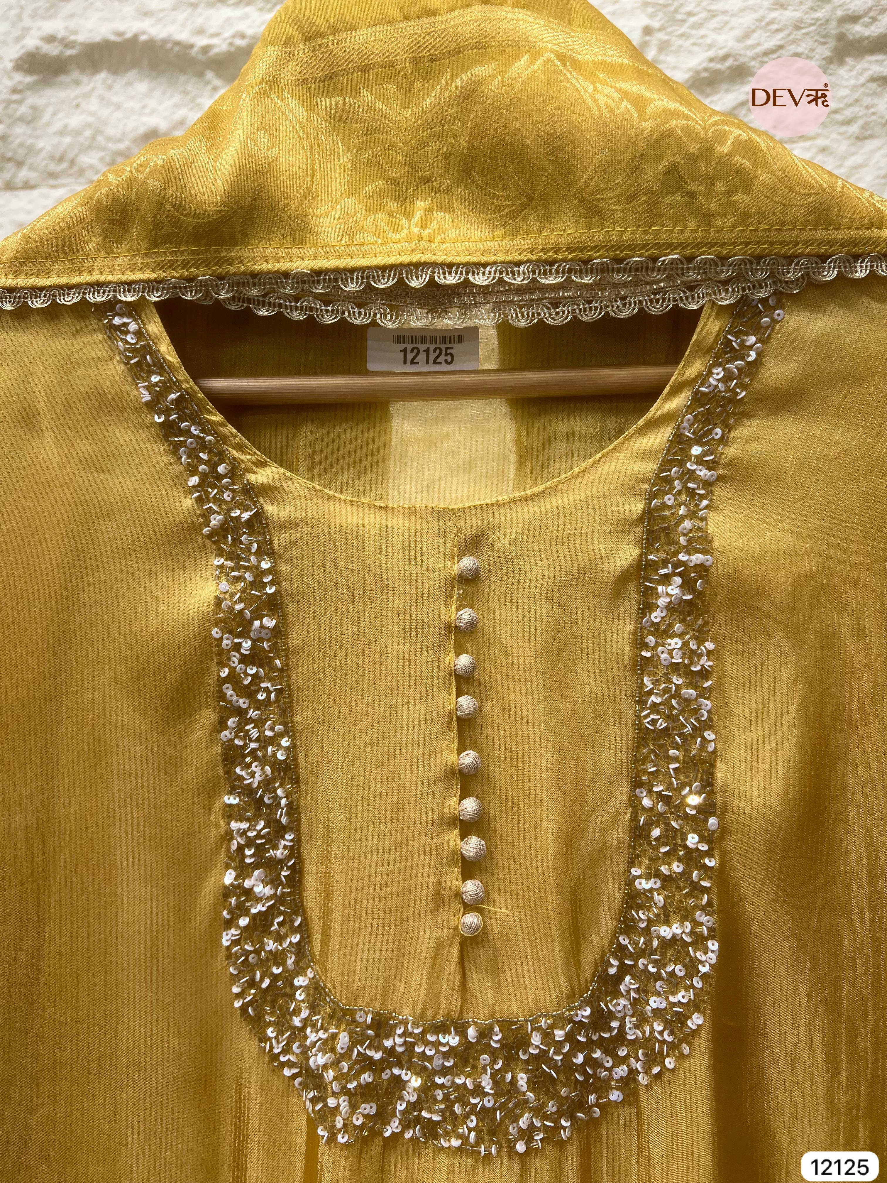 Yellow Shimmer Silk Unstitched Hand Embroidered -Set Of 3 - {12125}