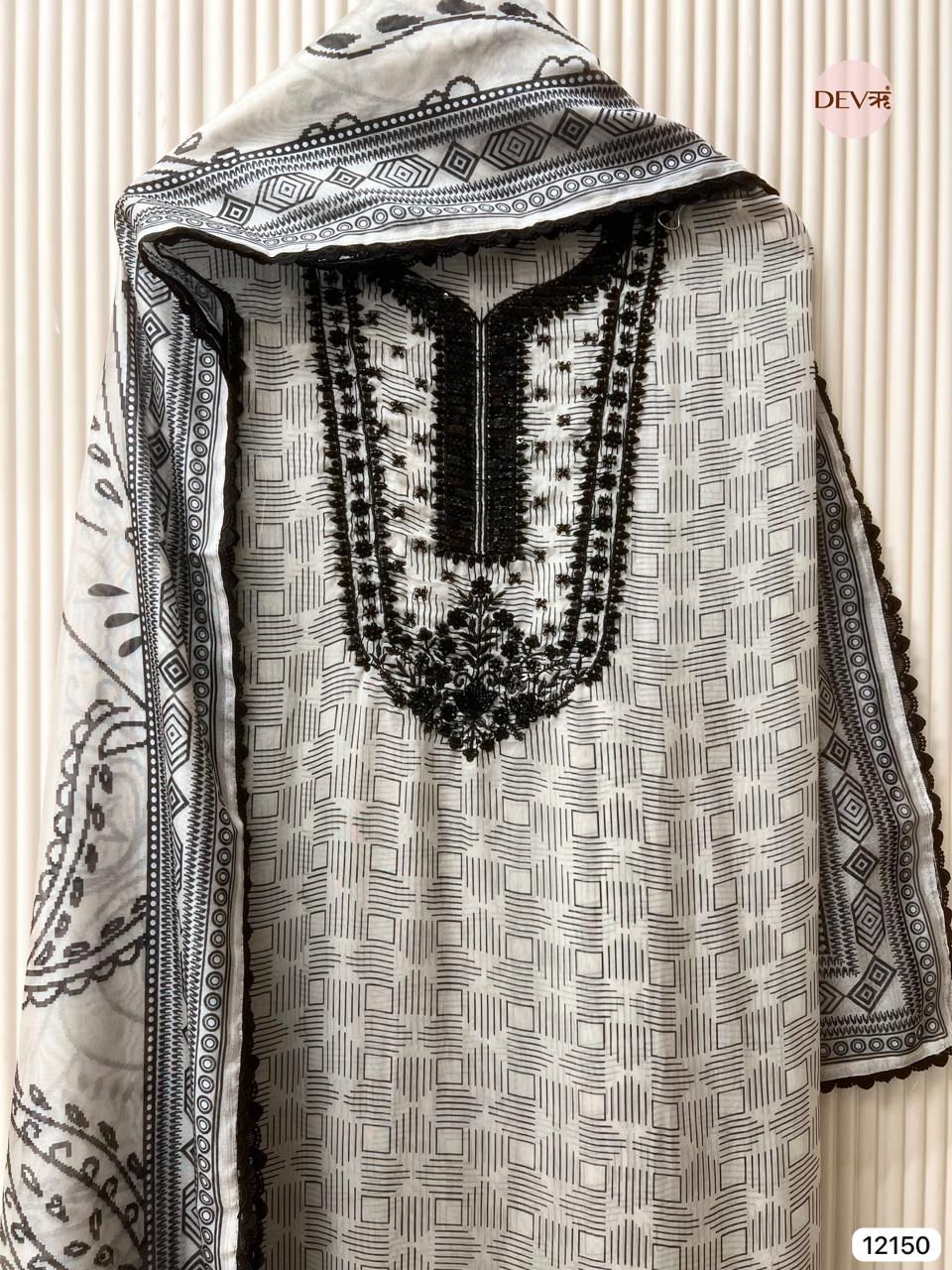 Black & White Pure Organza Unstitched Printed Hand Embroidered -Set Of 3 - {12150}