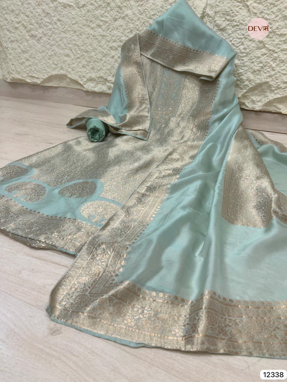 Powder Blue Pure Banarasi Silk Embroidered Unstitched 3-Piece Suit (Devri – D.No 12338)