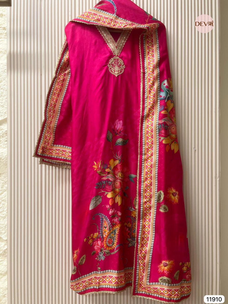 Magenta Russian Silk Printed Unstitched 3-Piece Suit (Devri – D.No 11910)