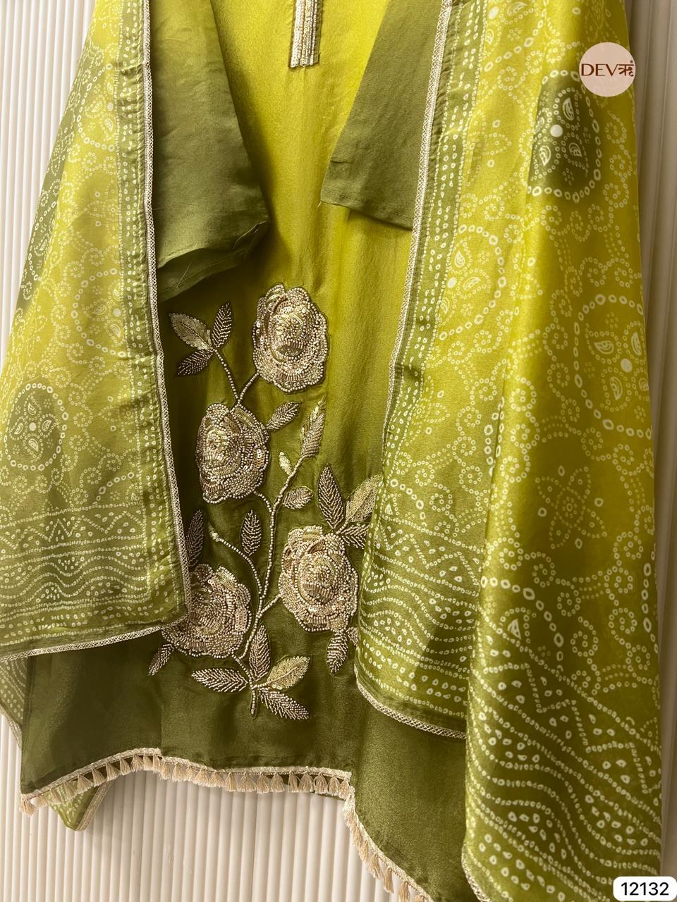 Olive-Green Soft Tissue Silk Embroidered Unstitched 3-Piece Suit (Devri – D.No 12132)