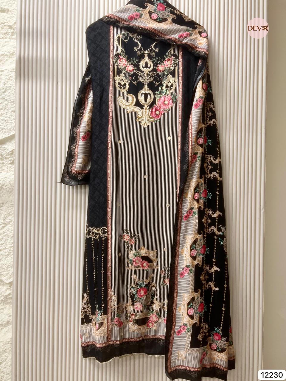 Black Pure Muslin Printed Unstitched 3-Piece Suit (Devri – D.No 12230)