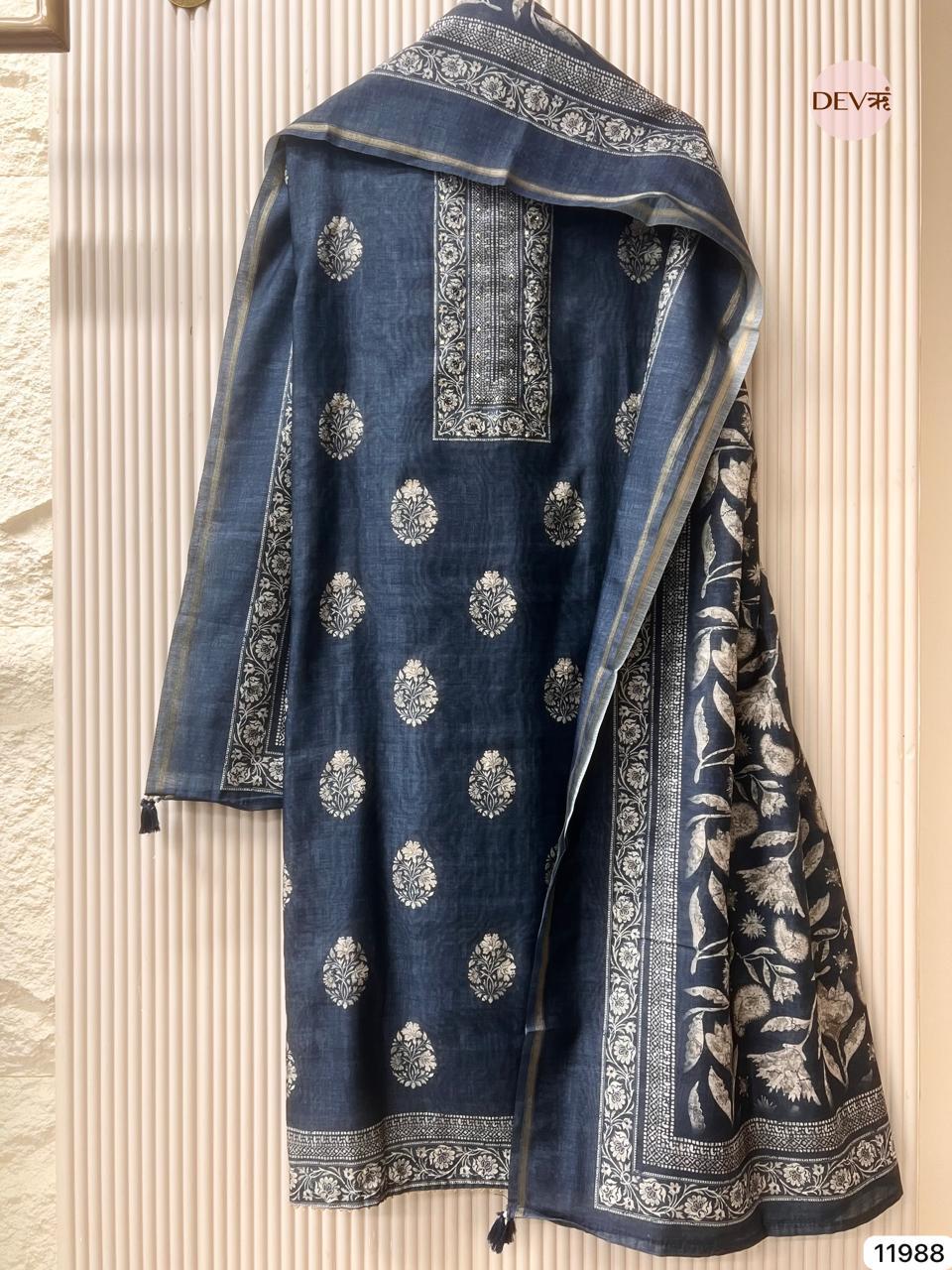 Navy Mul Chanderi Printed Unstitched 3-Piece Suit (Devri – D.No 11988)