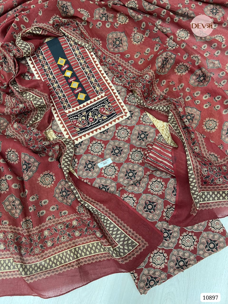 Maroon Pure Cotton Unstitched Printed Hand Embroidered -Set Of 3 {10897}
