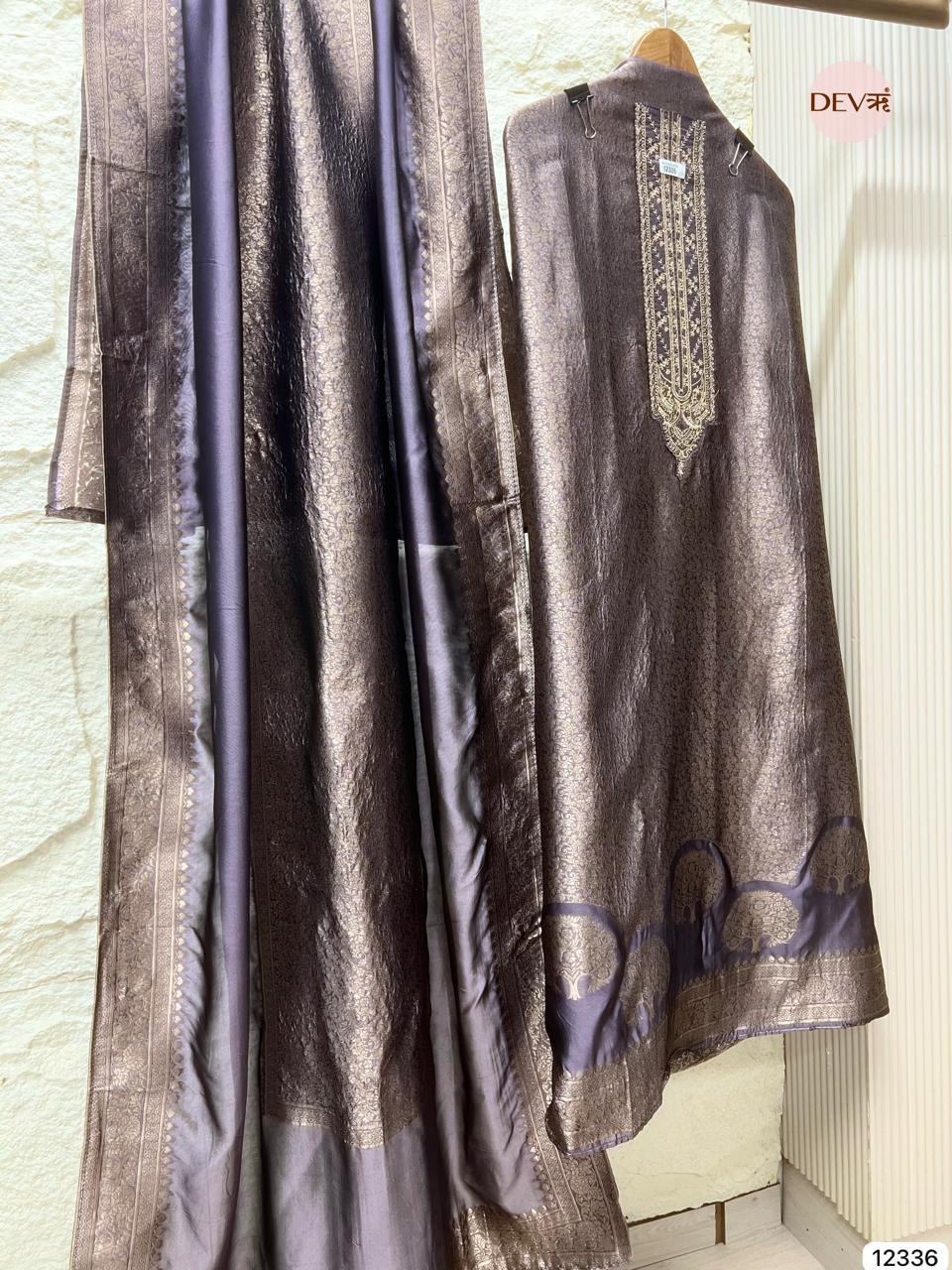 Soft Mauve Pure Banarasi Silk Embroidered Unstitched 3-Piece Suit (Devri – D.No 12336)