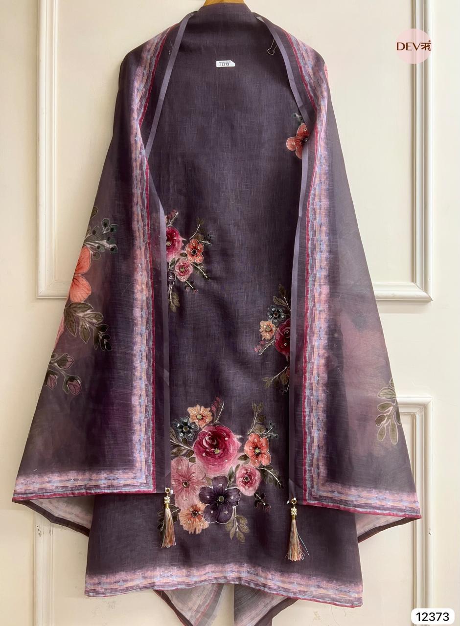 Plum Grey Linen Printed Unstitched 3-Piece Suit (Devri – D.No 12373)