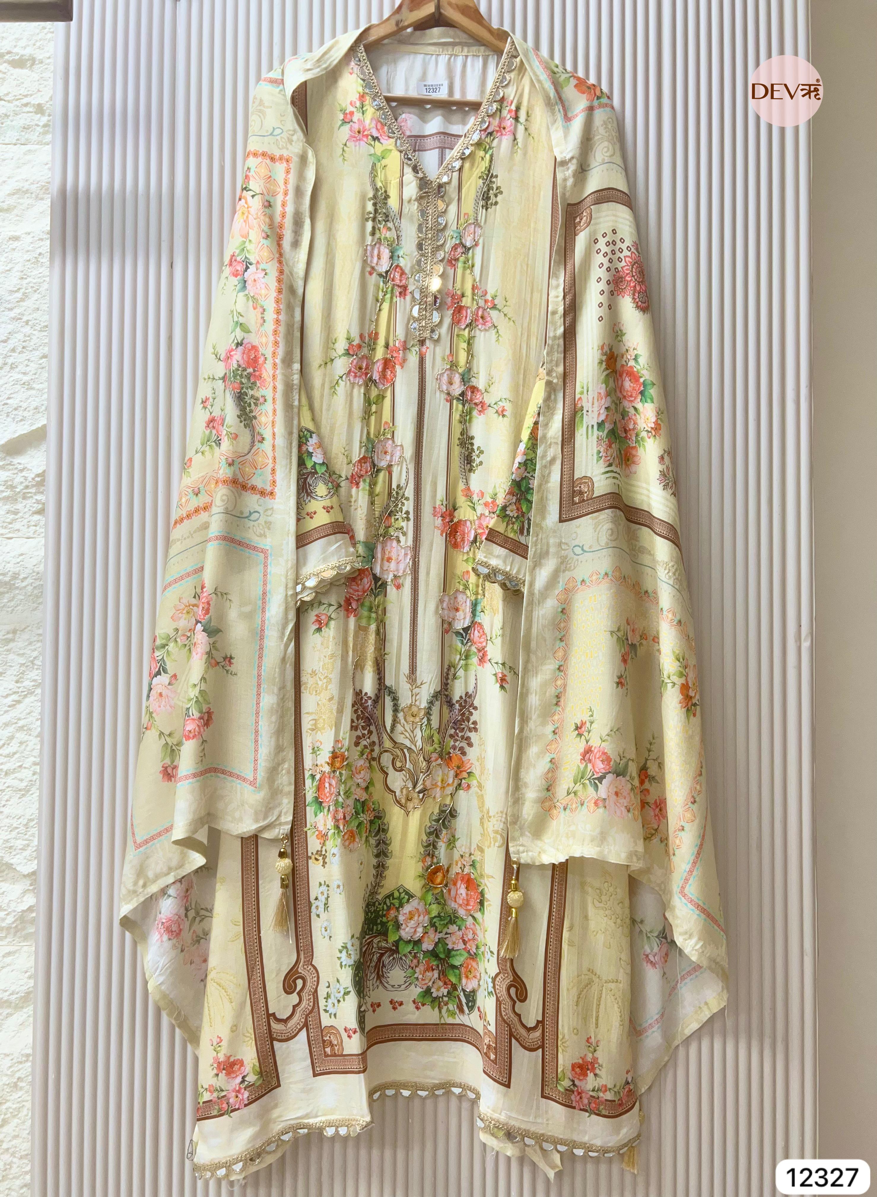 Soft Cream Muslin Printed Unstitched 3-Piece Suit (Devri – D.No 12327)