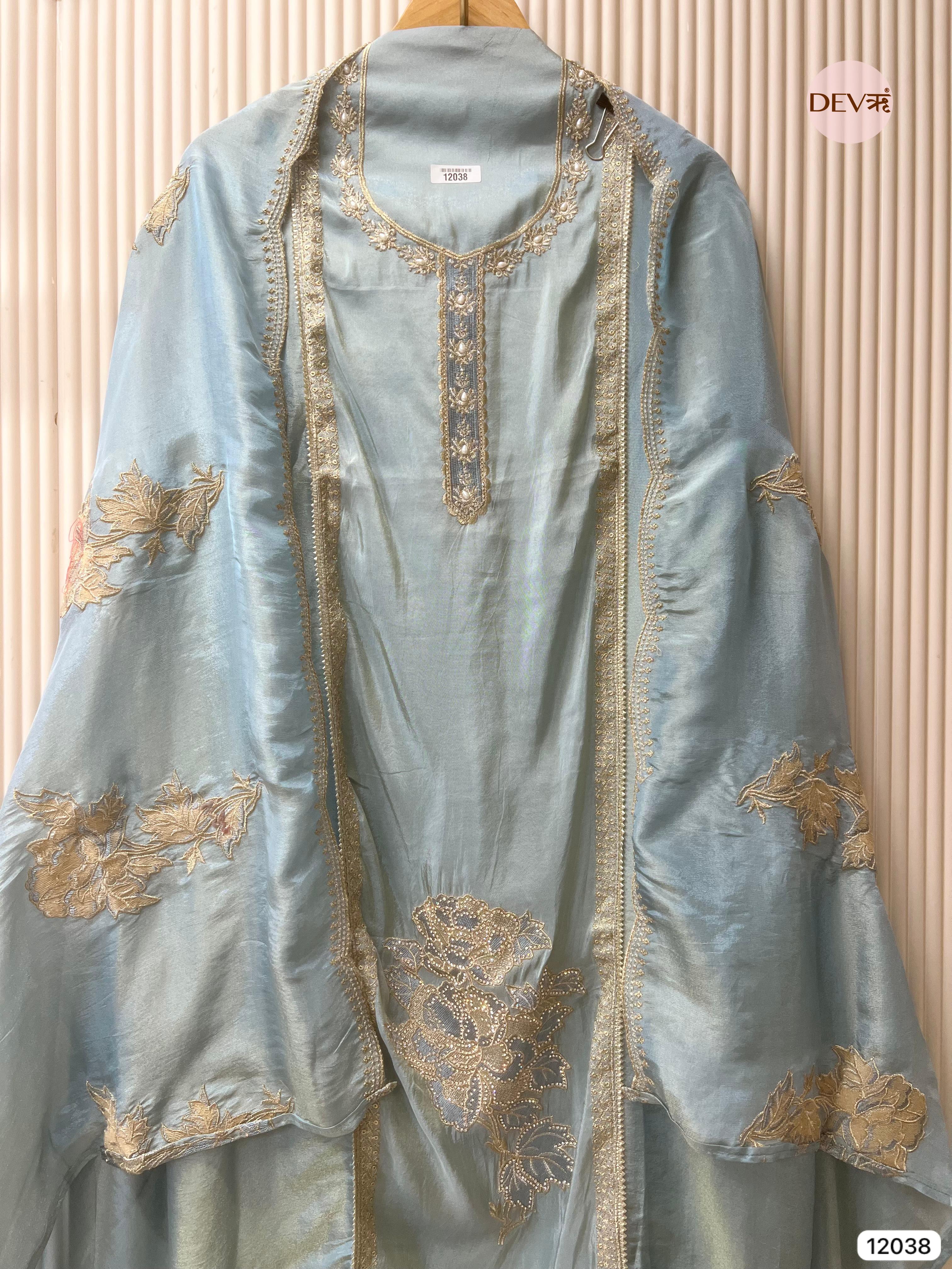 Blue Tissue Shimmer Silk Unstitched Hand Embroidered -Set Of 3 - {12038}