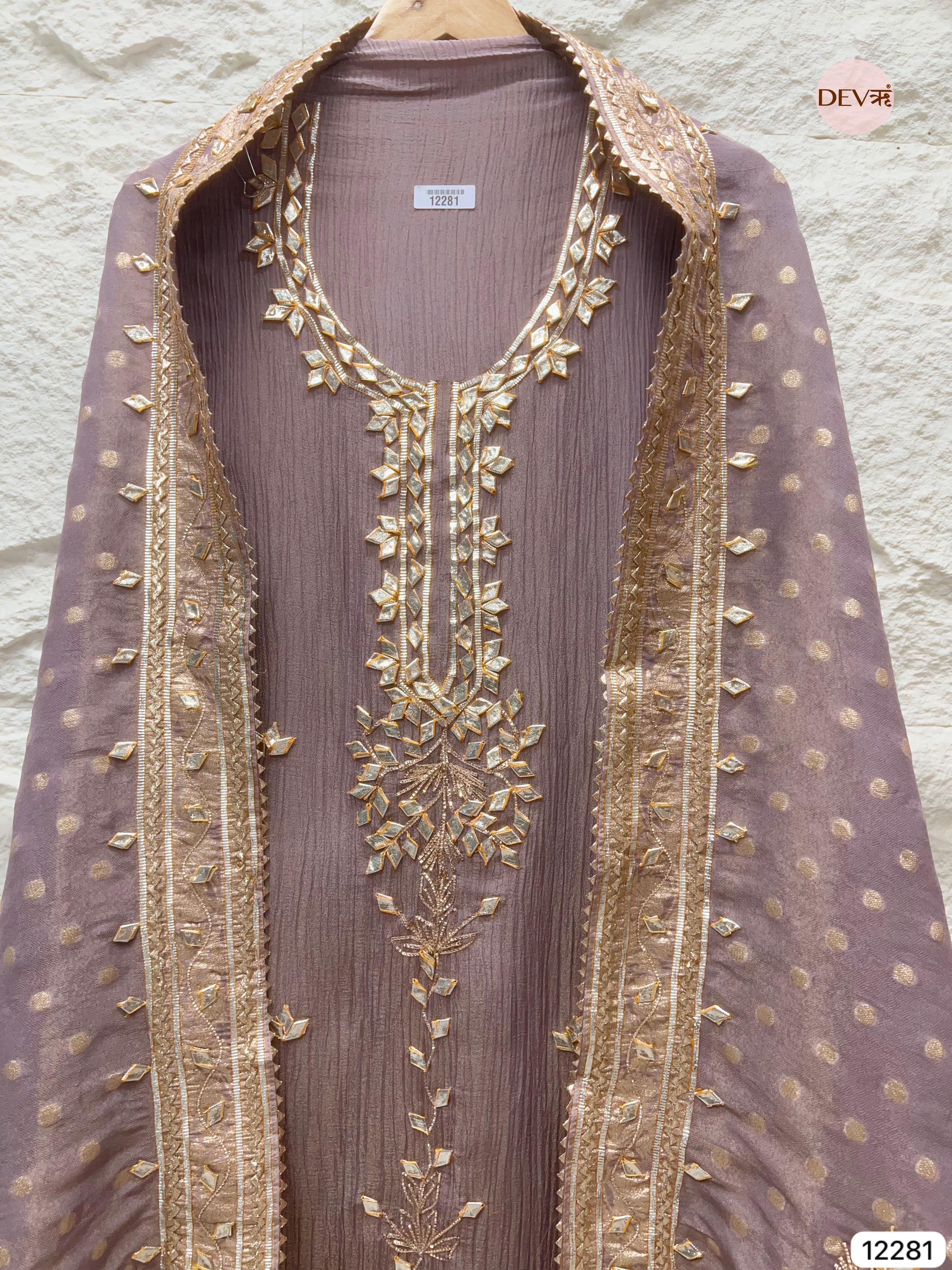 Purple Pure Chinon Unstitched Hand Embroidered -Set Of 3 - {12281}