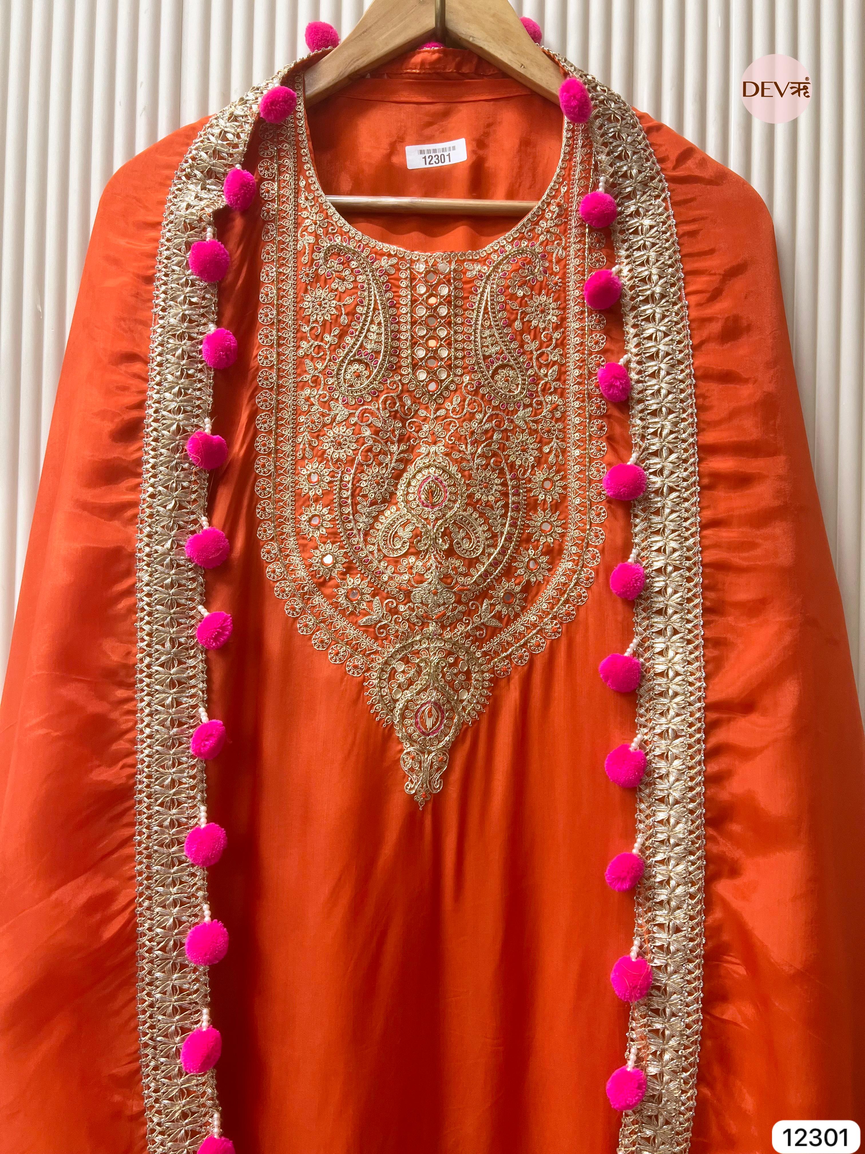 Orange Glass Organza Embroidered Unstitched 3-Piece Suit (Devri – D.No 12301)