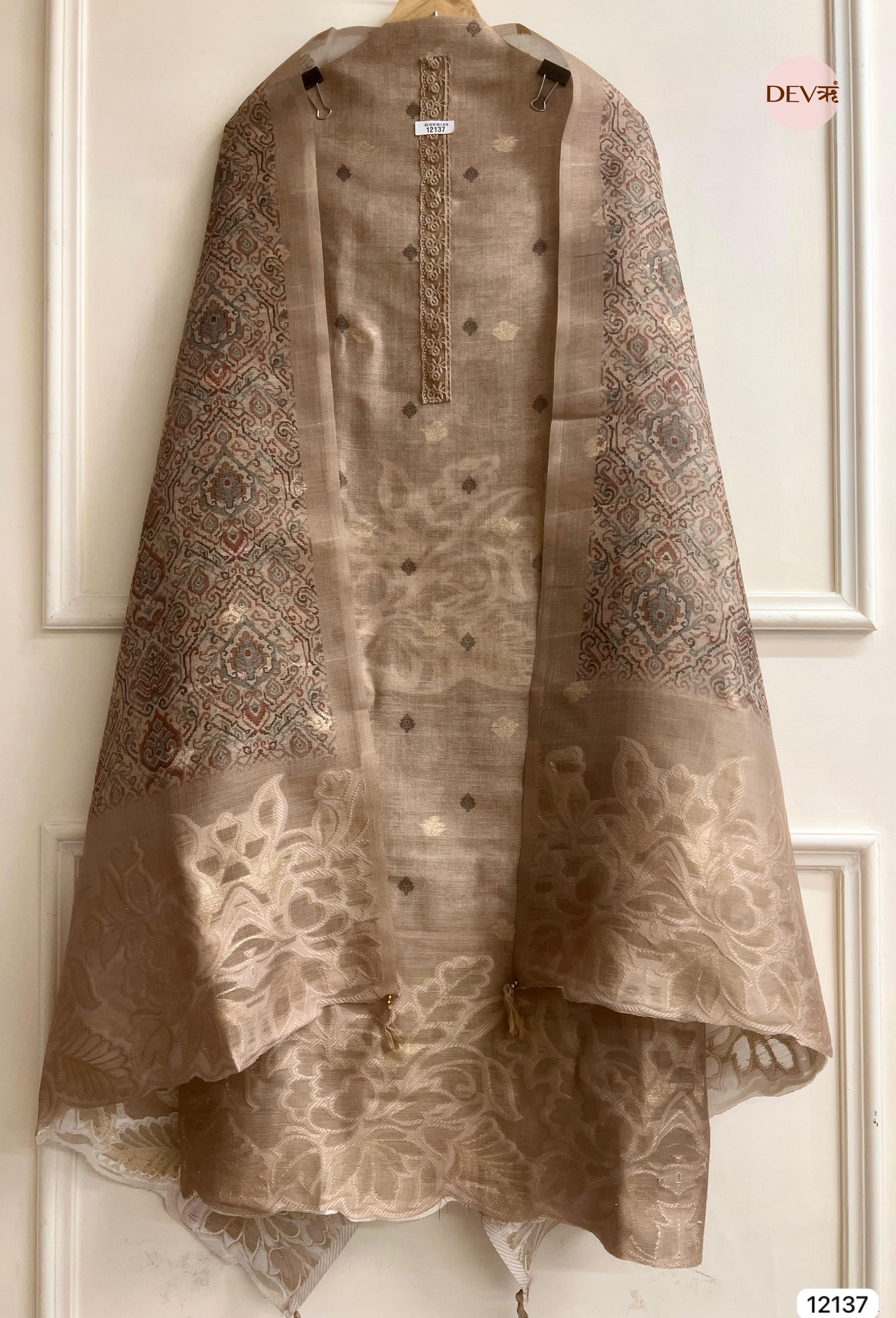 Beige Pure Jamdhani Silk Unstitched Woven Embroidered -Set Of 3 - {12137}