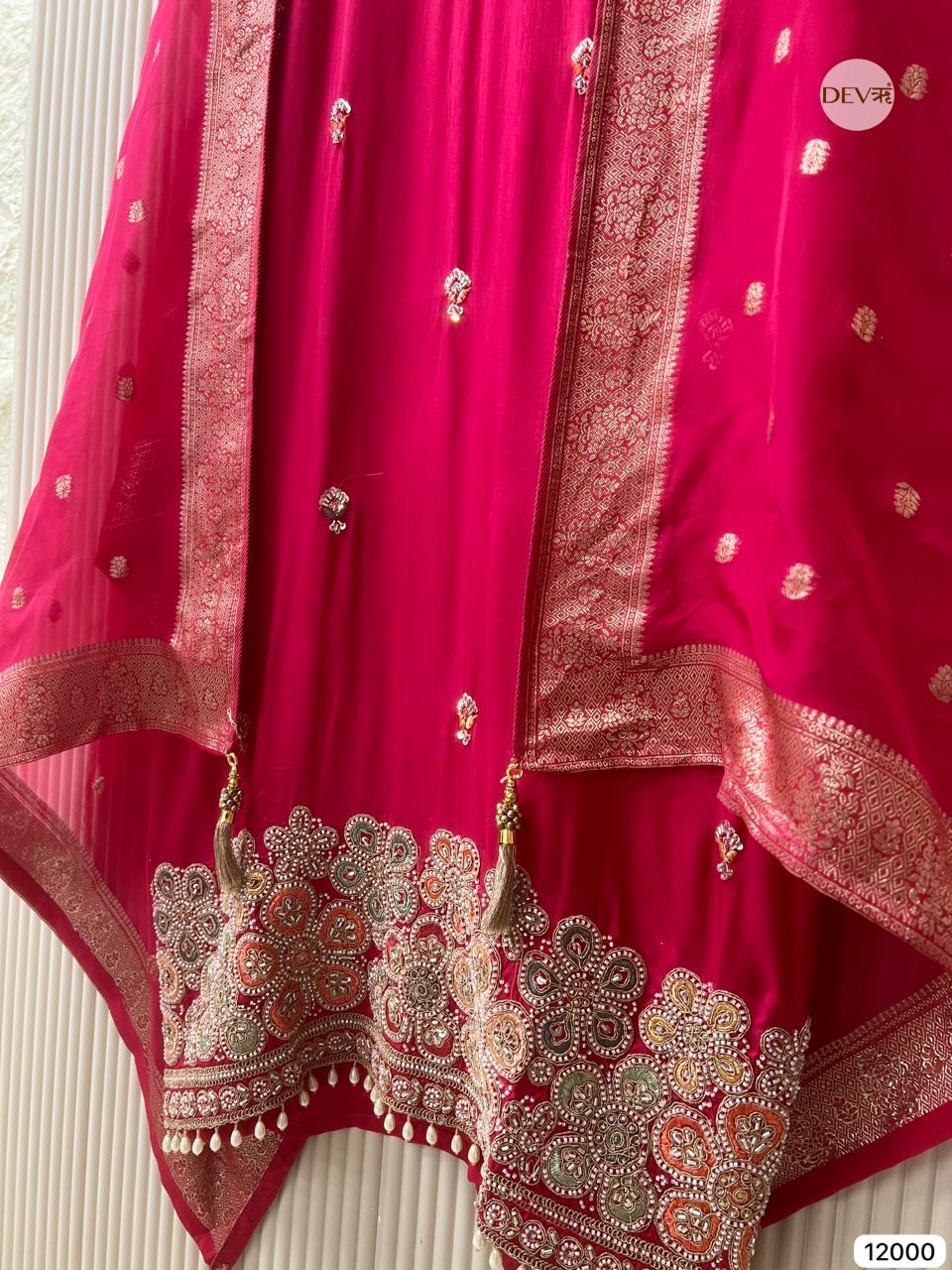 Red Pure Russian Silk Unstitched Hand Embroidered -Set Of 3 - {12000}