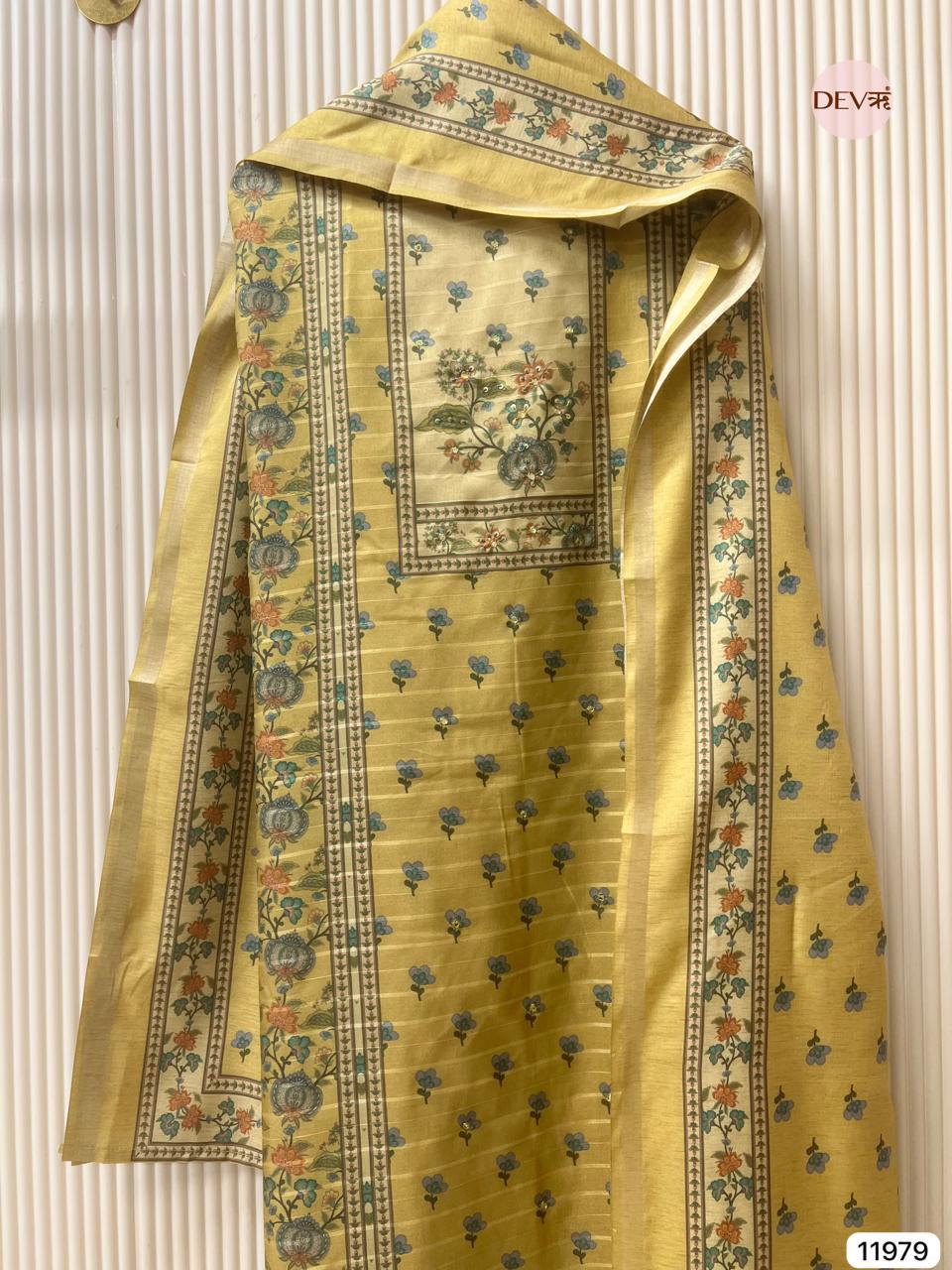 Mustard Pure Tusser Silk Printed Unstitched 3-Piece Suit (Devri – D.No 11979)