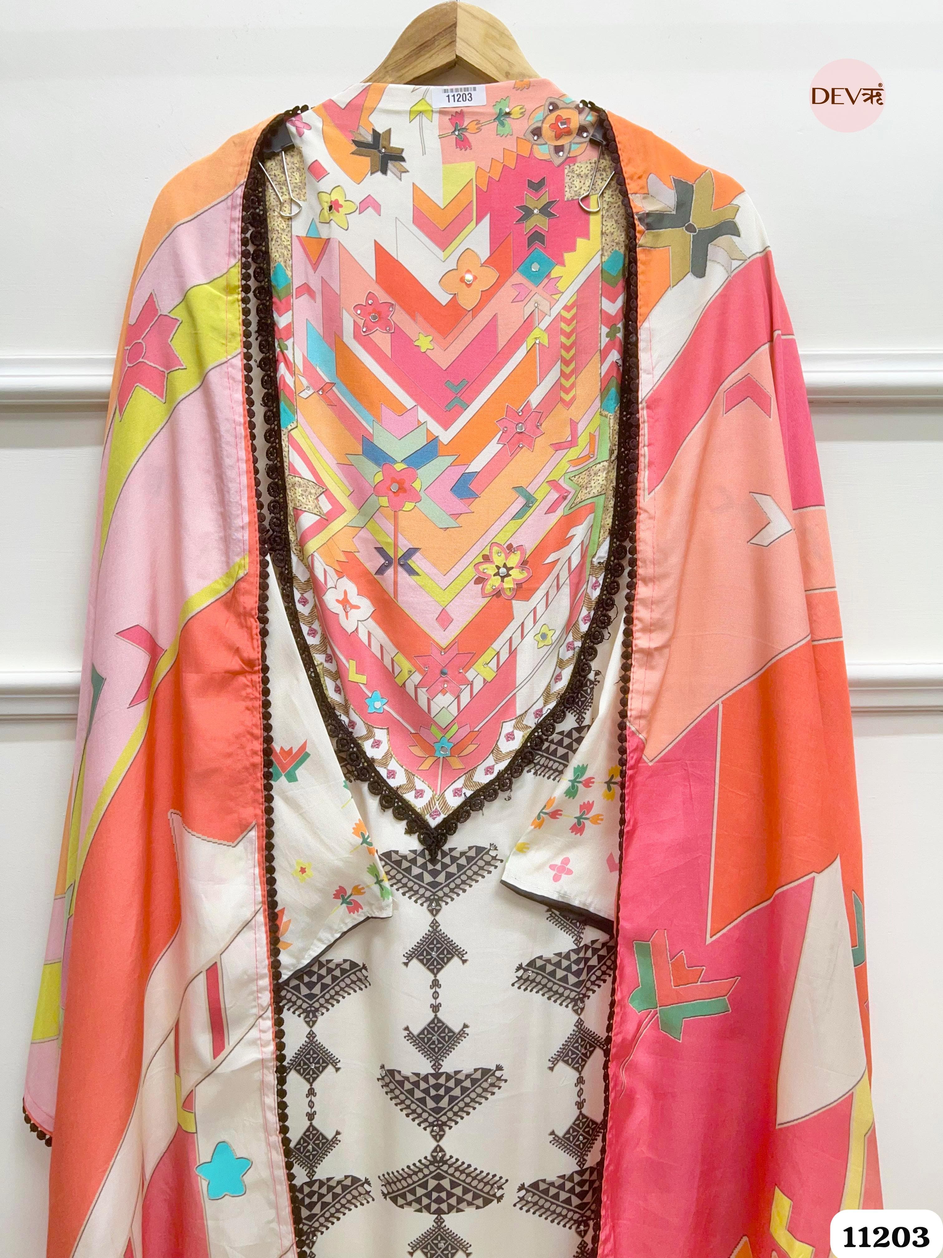 White Muslin Semi Stitched Embroidered -Set Of 3 {11203}