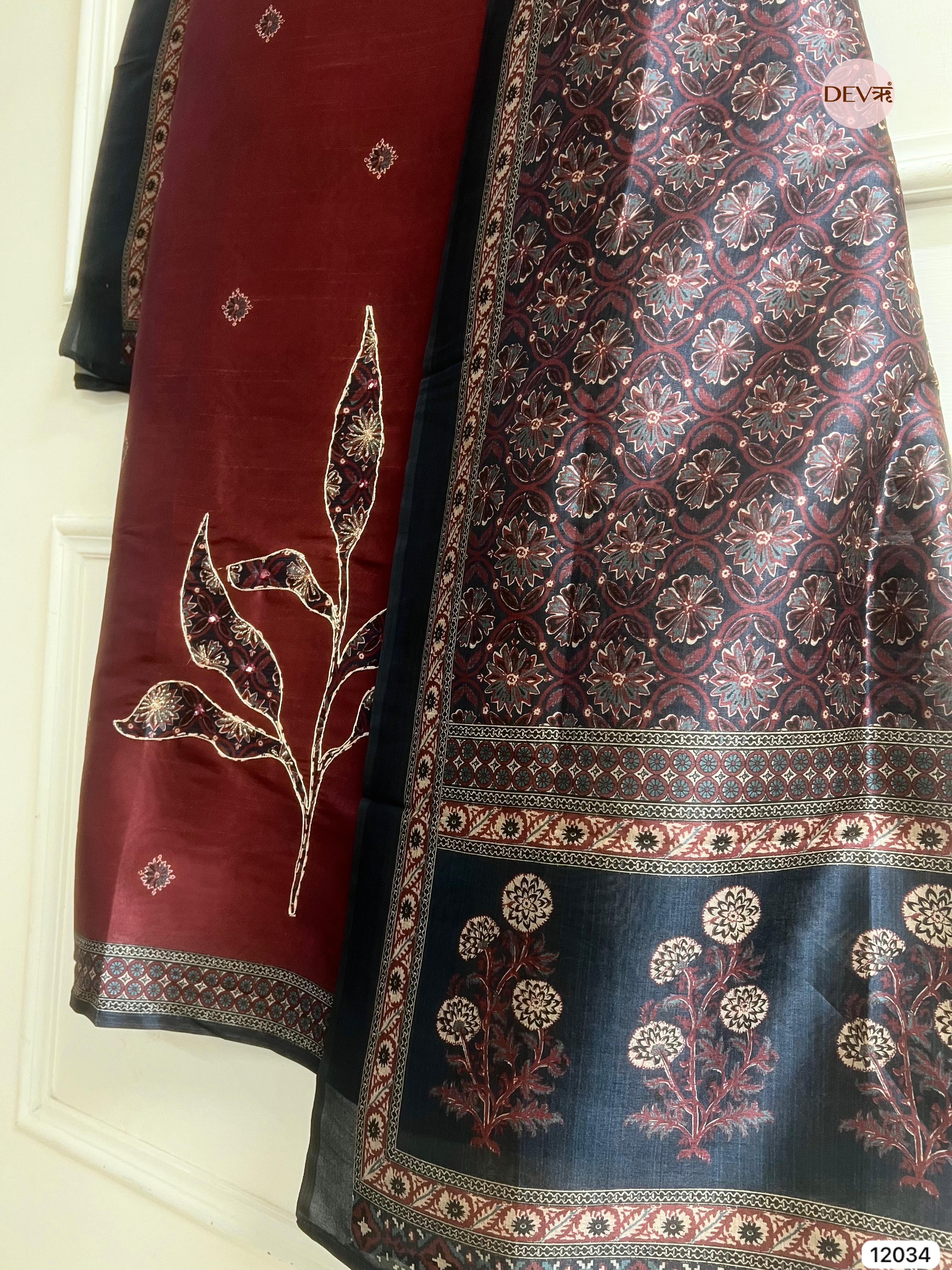 Maroon Raw Silk Unstitched Hand Applique Work Embroidered -Set Of 3 - {12034}