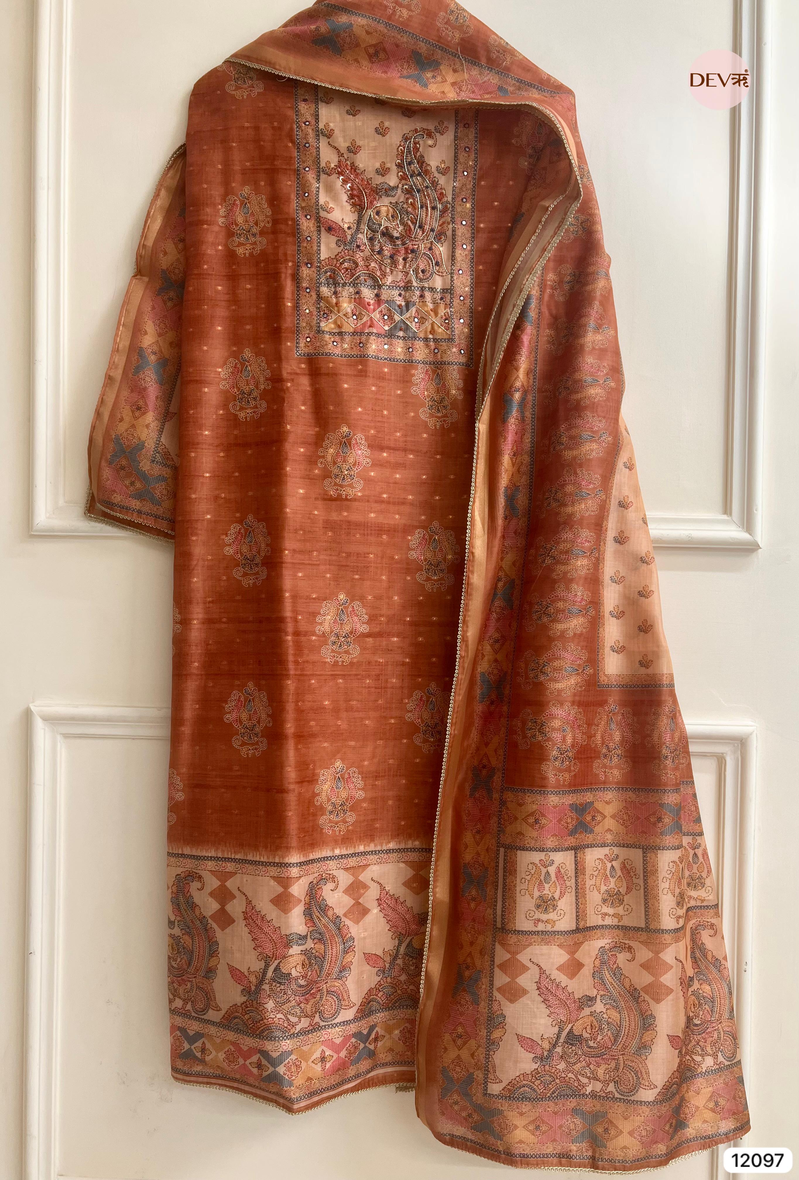Rust Tisser Khadi Silk Printed Unstitched Hand Embroidered -Set Of 3 - {12097}